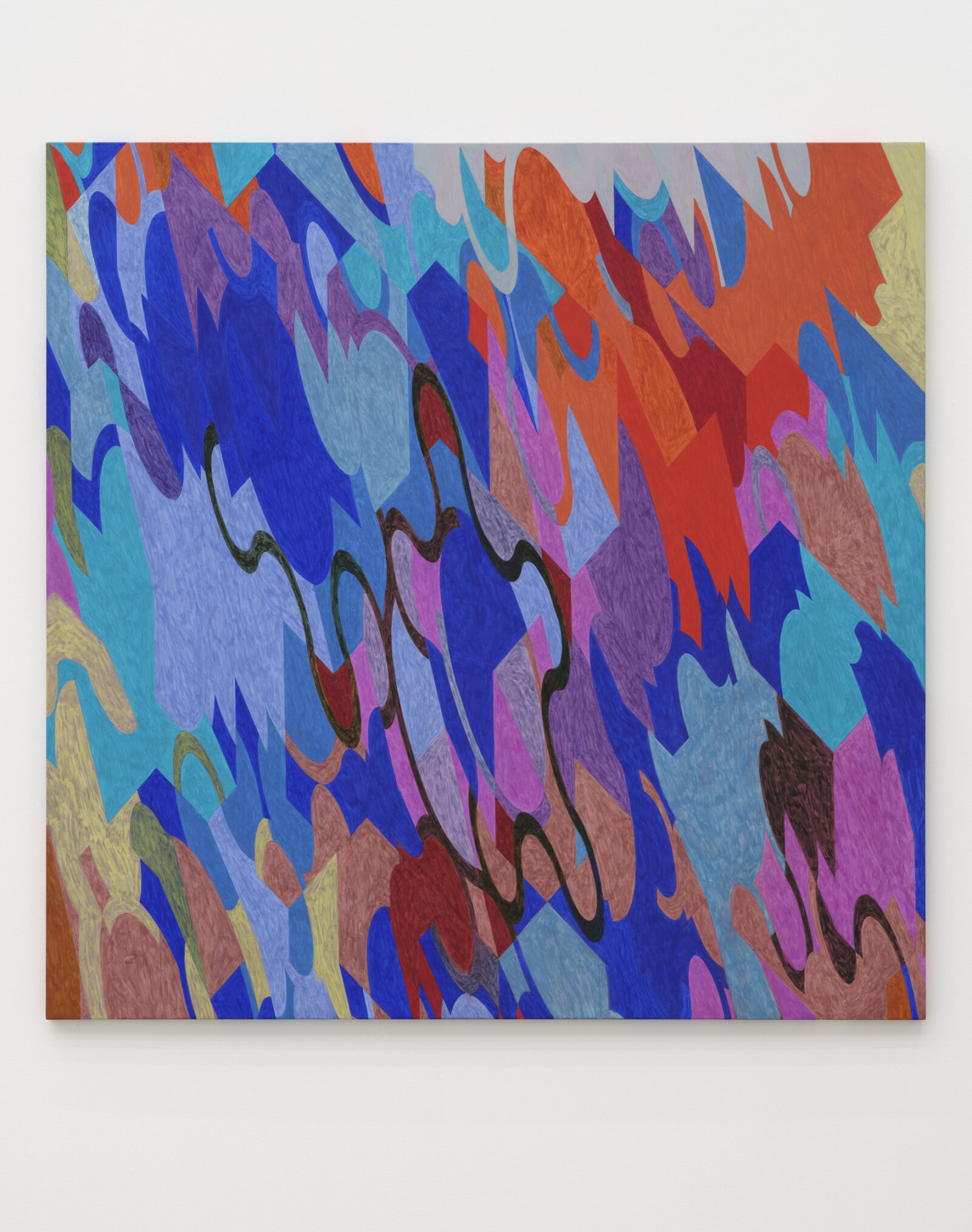 Eli Bornowsky, And what new comedy will emerge from the mannerisms of bodily postures? …once one understands how far all the mannerisms are different, heterogeneous, above all how no common measure can be applied to them (Aprocta), 2025, egg tempera, gesso on wood, aluminum, 47 x 47 in. (120 x 120 cm)