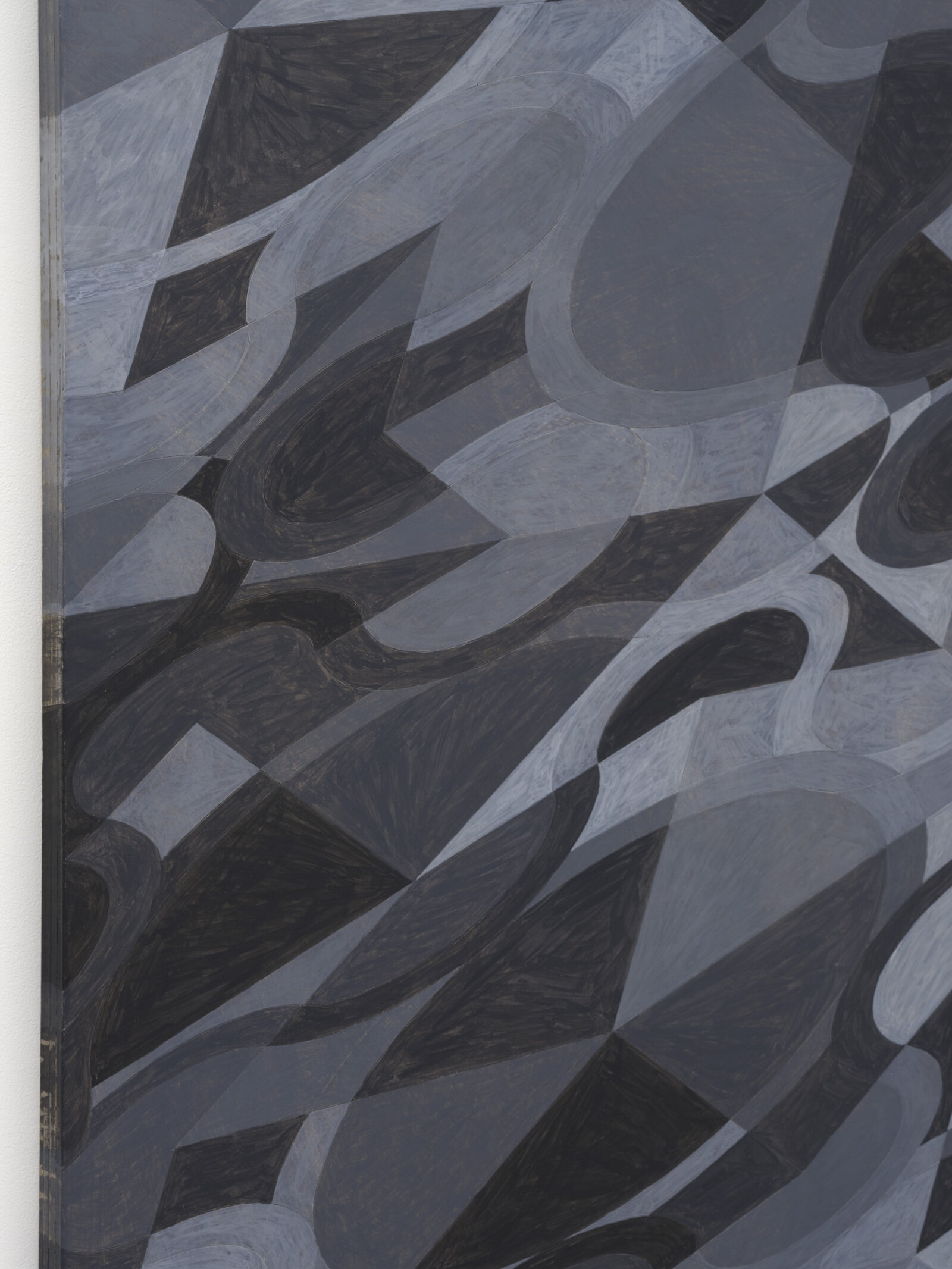 Eli Bornowsky, tambo (Grayscale) (detail), 2025, egg tempera, gesso on wood, aluminum, 47 x 47 in. (120 x 120 cm)