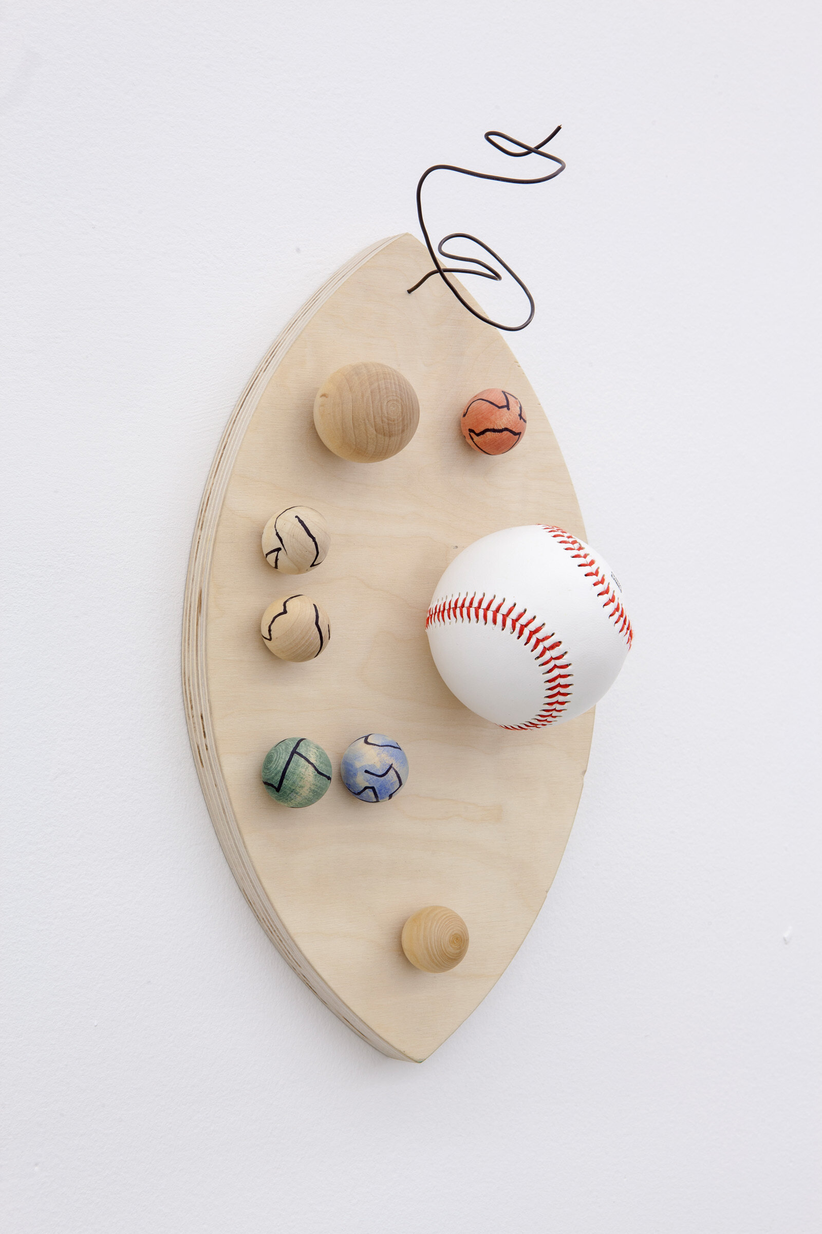 Eli Bornowsky, untitled, 2012, marker and watercolor on wood, found ball, wire, 13 x 8 x 3 in. (33 x 21 x 8 cm)