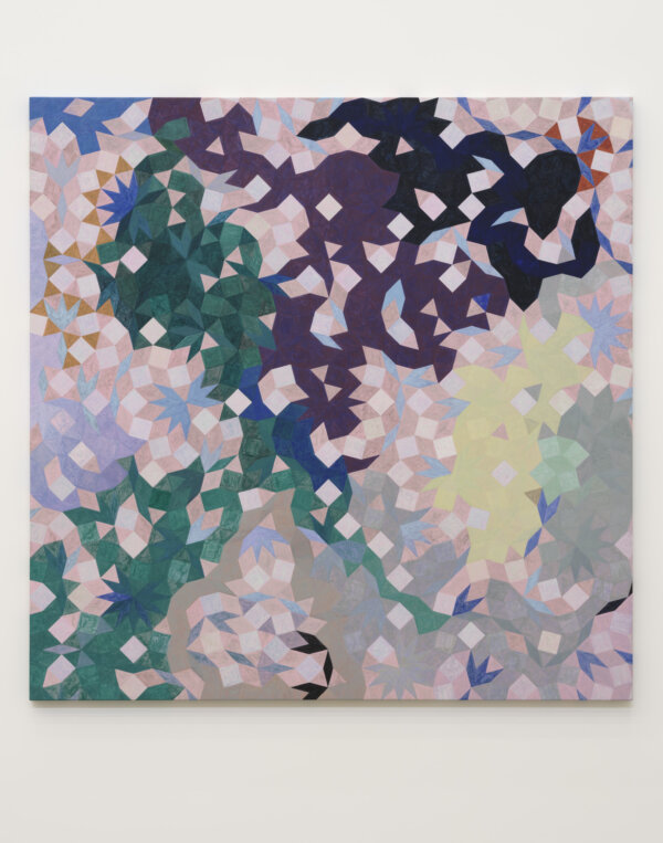 Eli Bornowsky, Minorcas (Contradiction between the inside and the outside may manifest itself in an unattached lining which produces an additional space between the lining and the exterior wall.), 2025, egg tempera, gesso on wood, aluminum, 47 x 47 in. (1