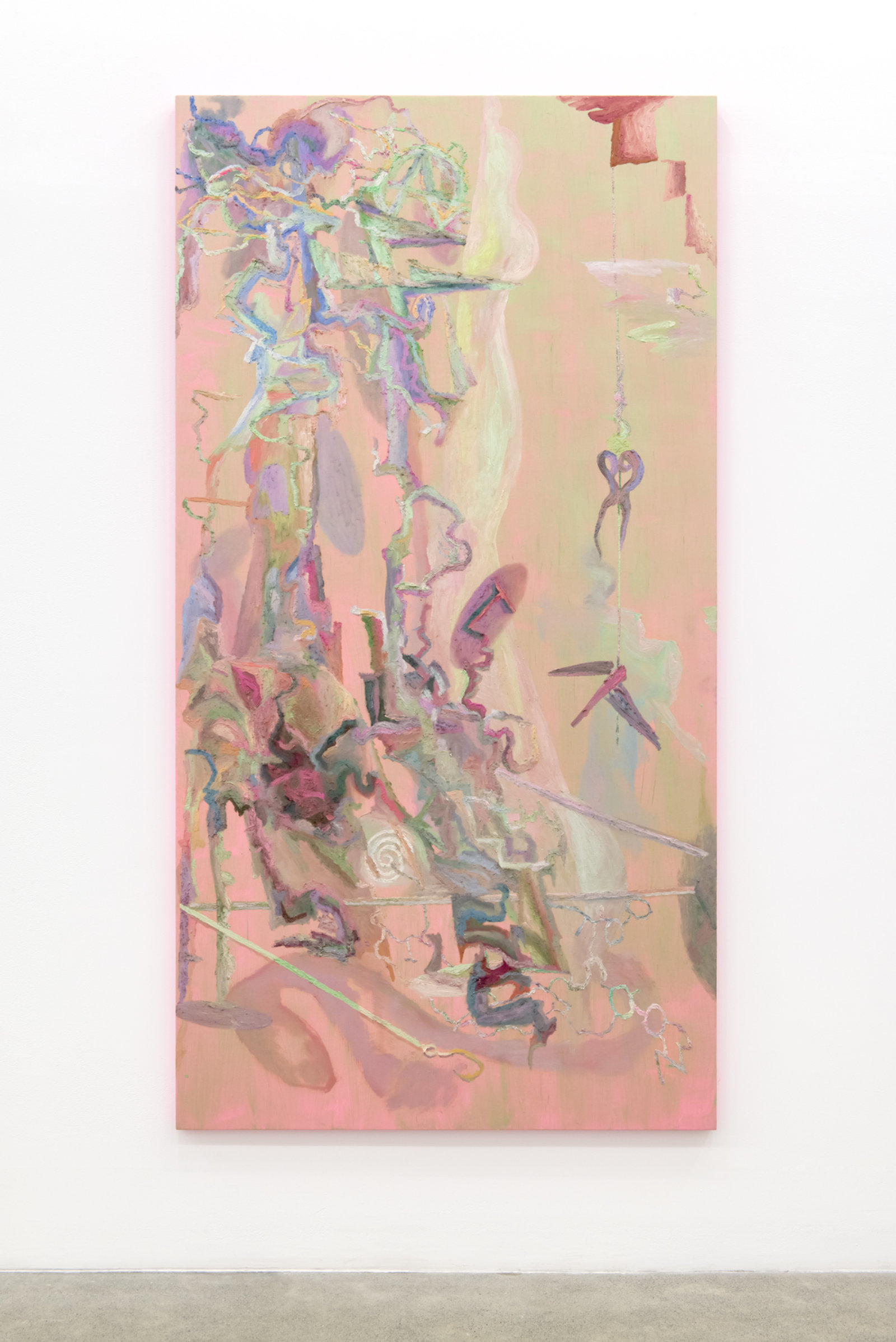 Rebecca Brewer, Bones Stuck Underground, 2017, oil and fabric on panel, 83 x 43 in. (211 x 109 cm)