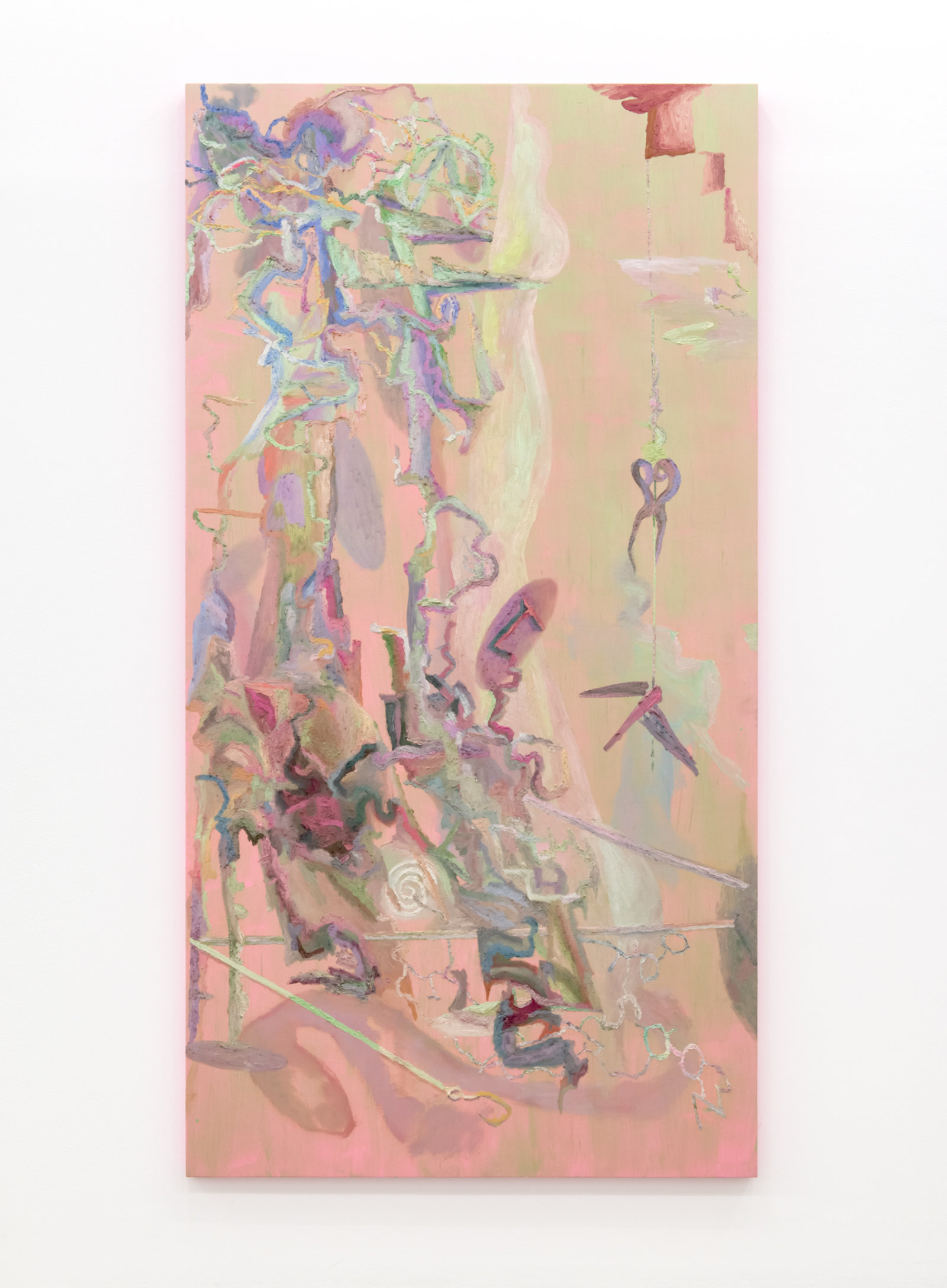 Rebecca Brewer, Bones Stuck Underground, 2017, oil and fabric on panel, 83 x 43 in. (211 x 109 cm)