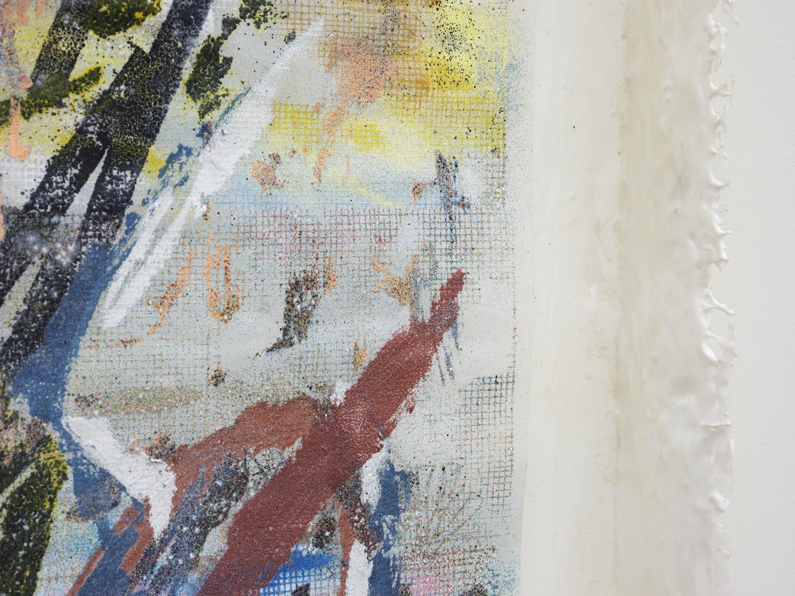 Rebecca Brewer, Live Resin: Flood Notes (detail), 2019, urethane resin, aluminum mesh, pigment, plexiglas, embossing powder on vellum, 41 x 29 in. (104 x 74 cm)