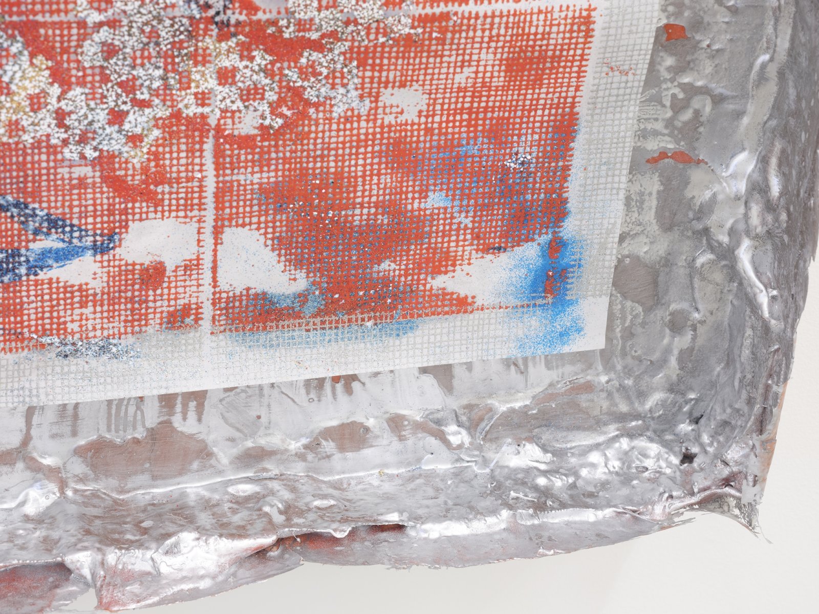 Rebecca Brewer, Live Resin: Salt Burn (detail), 2019, urethane resin, aluminum mesh, pigment, plexiglas, embossing powder on vellum, 41 x 29 in. (104 x 74 cm)