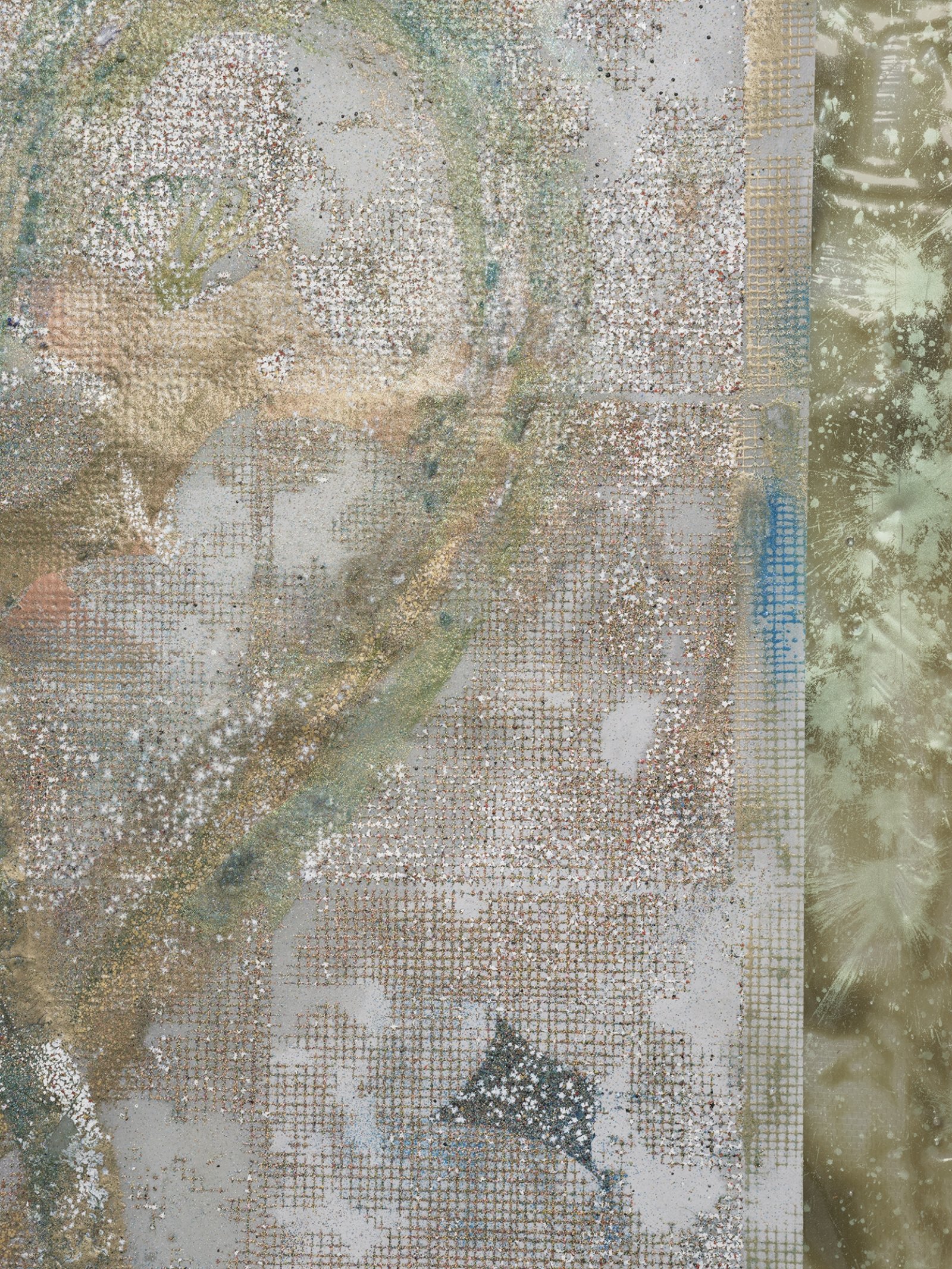 Rebecca Brewer, Live Resin: Twin Flame (detail), 2019, urethane resin, aluminum mesh, pigment, plexiglas, embossing powder on vellum, 41 x 29 in. (104 x 74 cm)