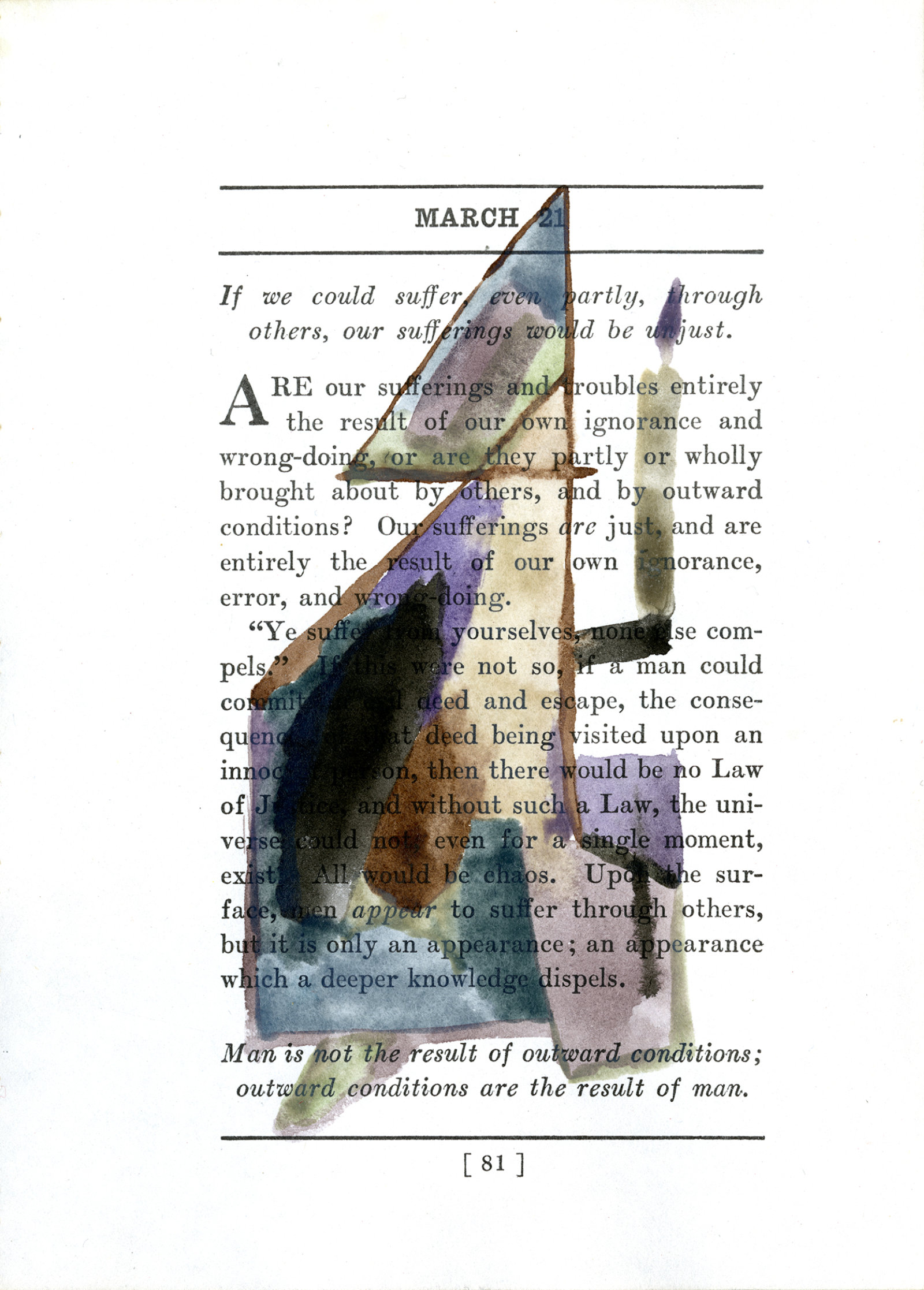 Rebecca Brewer, Nothing can prevent us from accomplishing the aims of our life (March 21), 2012, watercolour on paper (page from James Allen’s Meditations (1910)), 7 x 14 in. (17 x 35 cm)