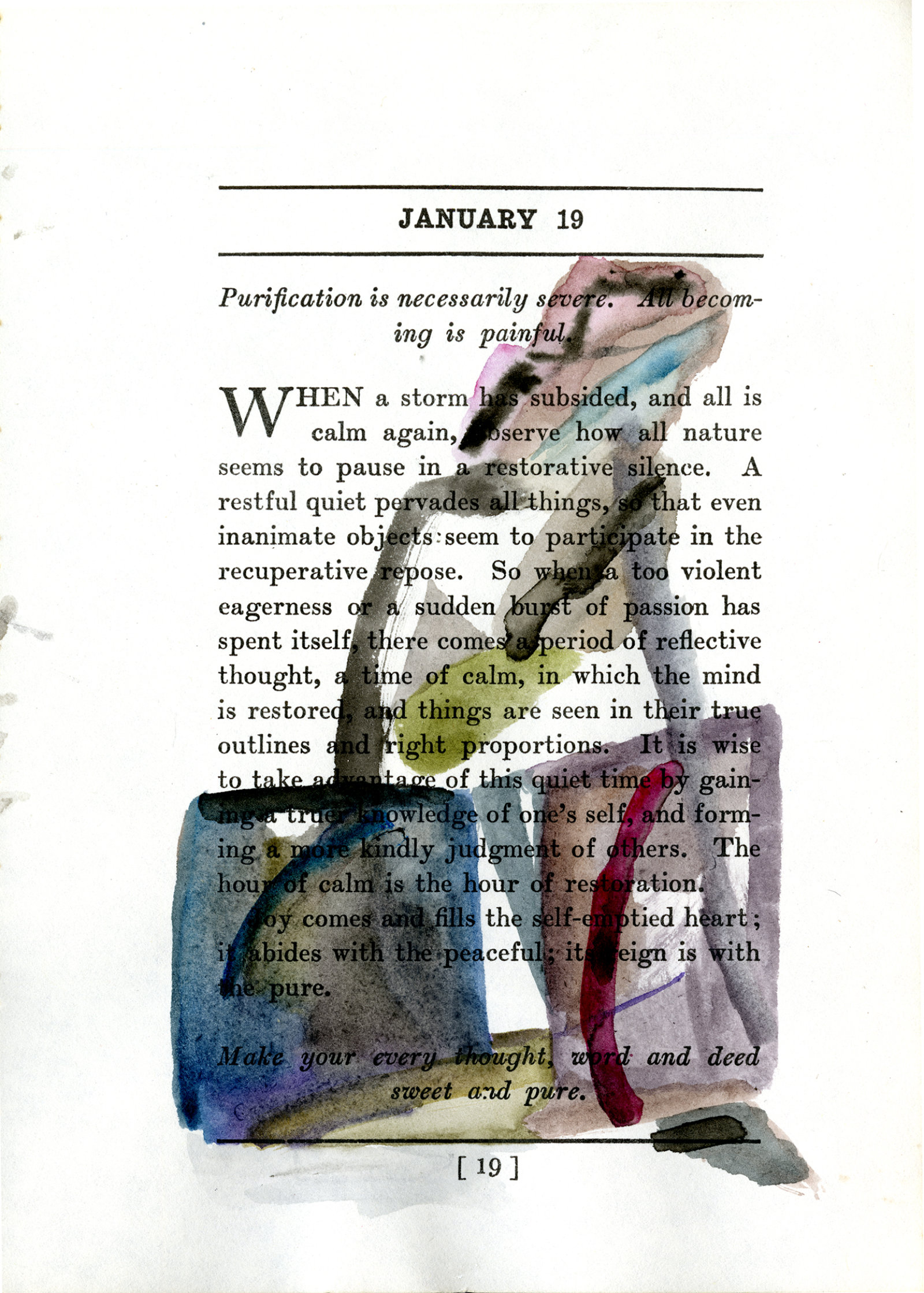 Rebecca Brewer, Nothing can prevent us from accomplishing the aims of our life (January 19), 2012, watercolour on paper (page from James Allen’s Meditations (1910)), 7 x 14 in. (17 x 35 cm)