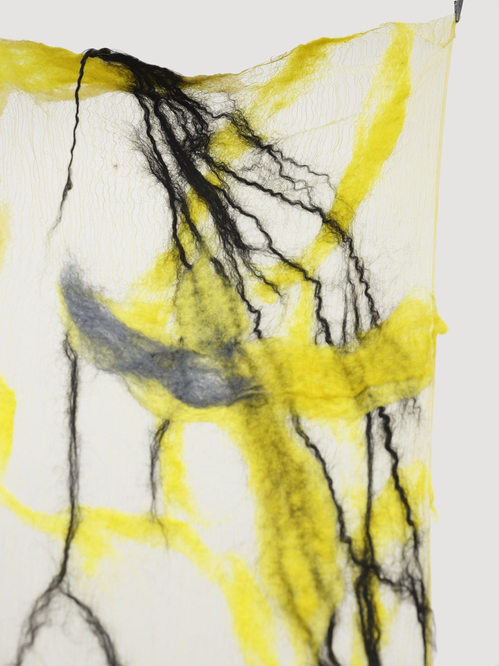 Rebecca Brewer, Scrim: Lush (detail), 2019, silk, wool, ball chain, alligator clips, hooks, 113 x 39 in. (287 x 99 cm)