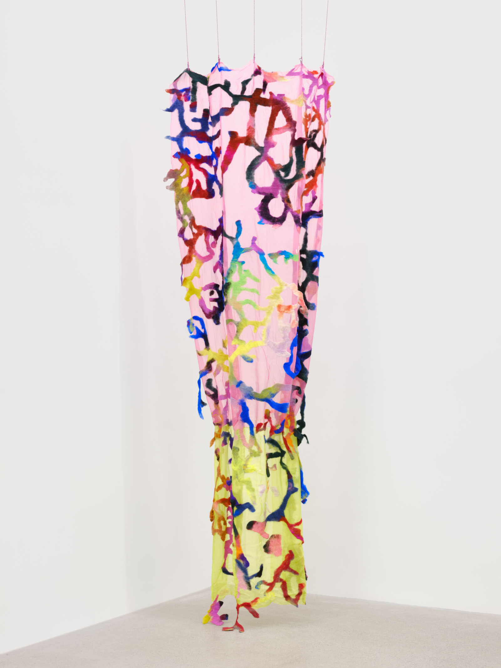 Rebecca Brewer, Total Loss, 2019, silk, wool felt, alligator clips, ball chain, 114 x 52 in. (290 x 132 cm)