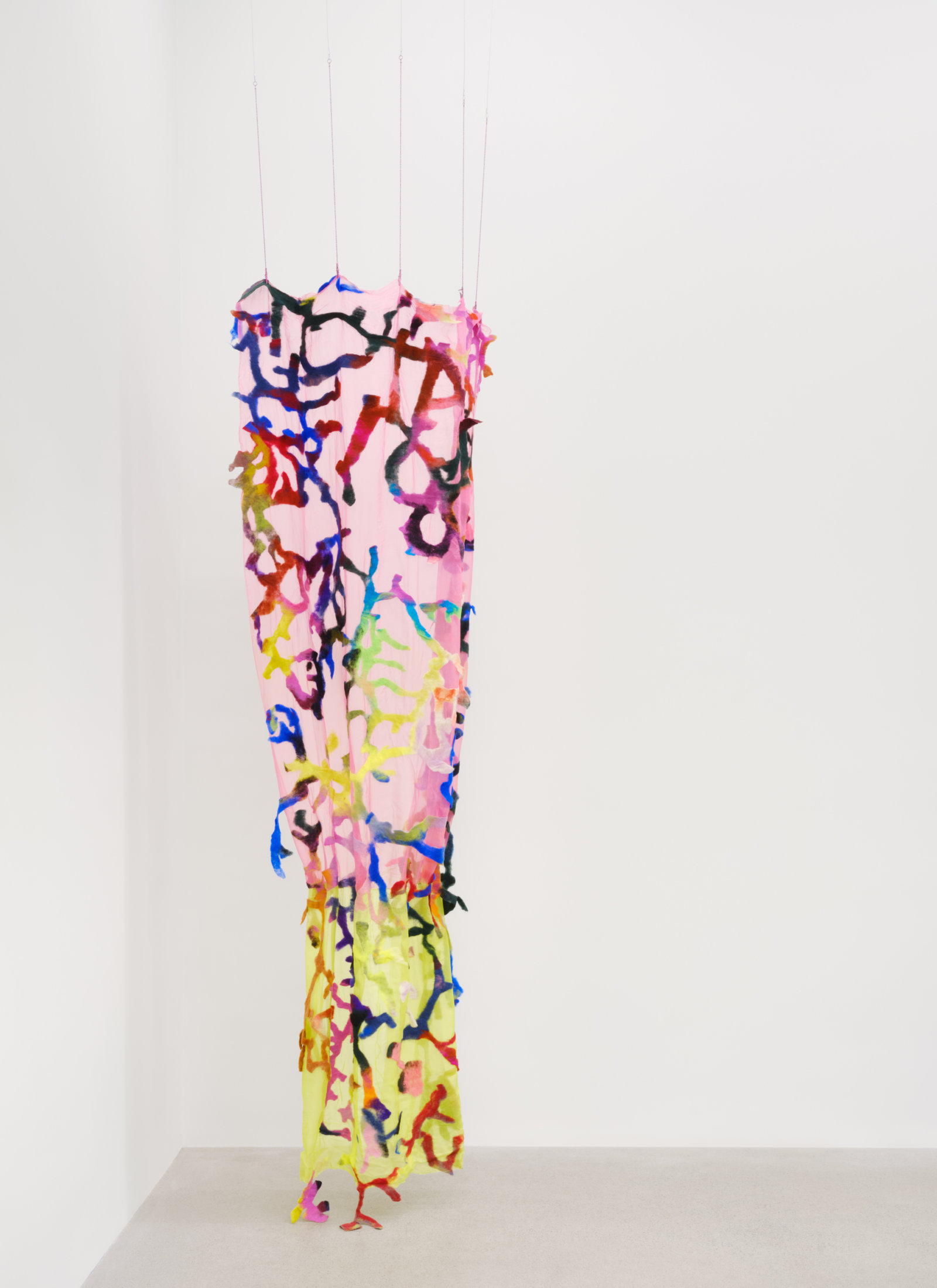 Rebecca Brewer, Total Loss, 2019, silk, wool felt, alligator clips, ball chain, 114 x 52 in. (290 x 132 cm)