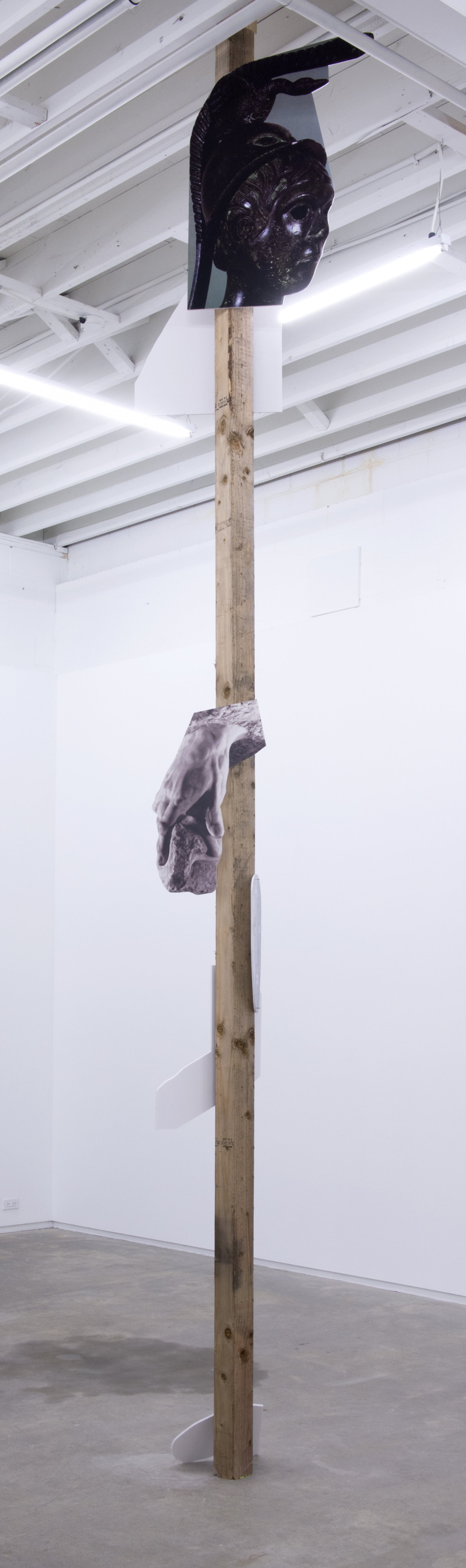 Geoffrey Farmer, The part of the cane, which curves under to meet the fingers...., 2014, douglas fir pole, 6 photographs mounted on foamcore, 192 x 4 x 4 in. (488 x 9 x 9 cm) by Geoffrey Farmer