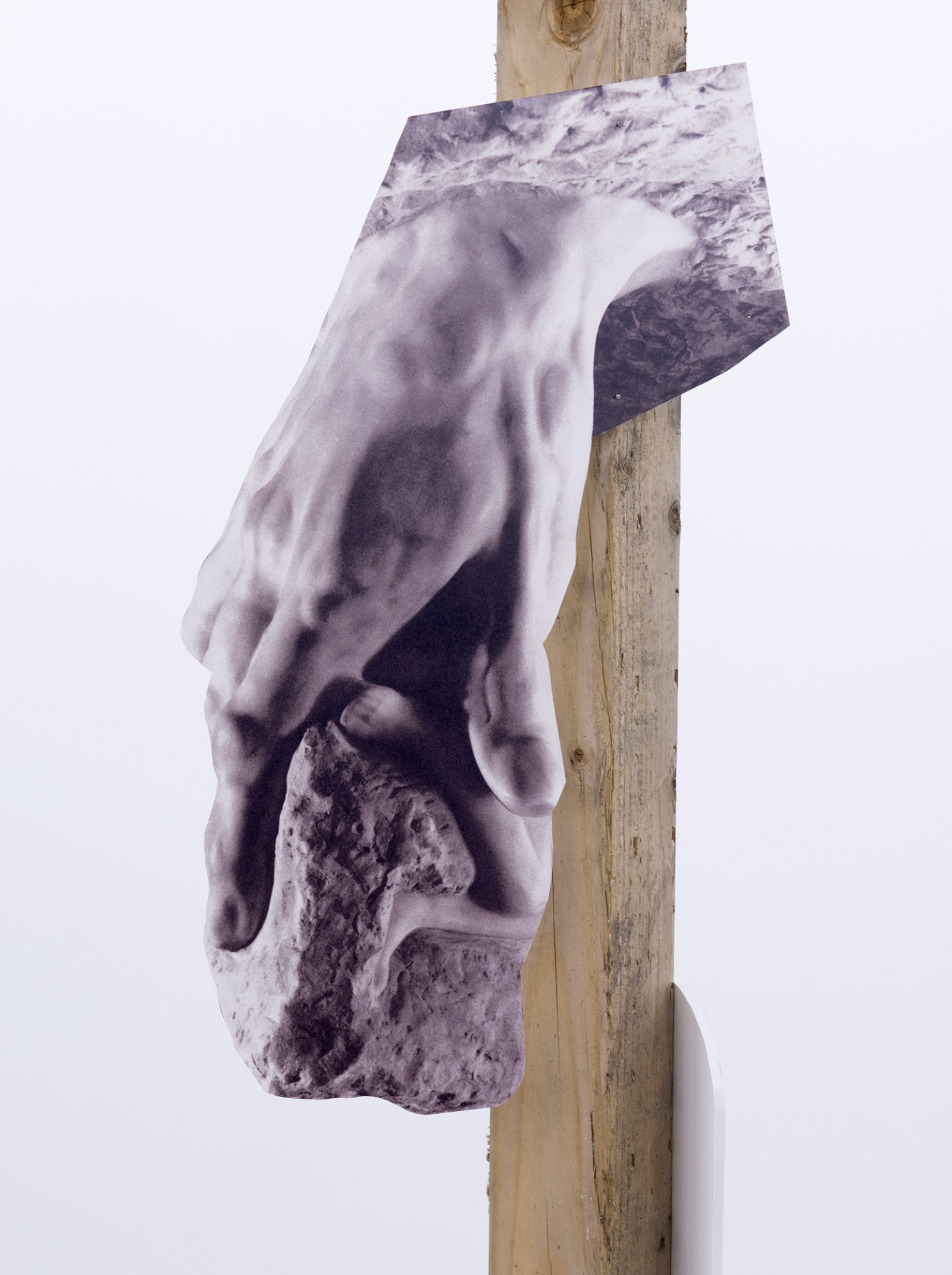 Geoffrey Farmer, The part of the cane, which curves under to meet the fingers.... (detail), 2014, douglas fir pole, 6 photographs mounted on foamcore, 192 x 4 x 4 in. (488 x 9 x 9 cm) by Geoffrey Farmer