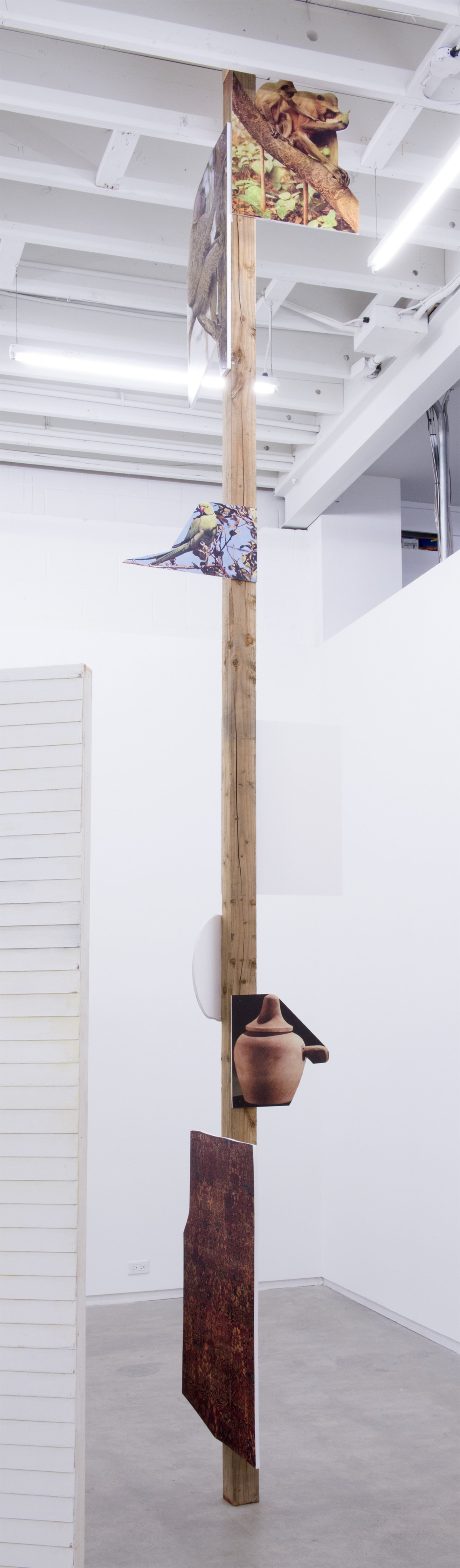 Geoffrey Farmer, This is where the plate goes... (detail), 2014, douglas fir pole, 7 photographs mounted on foamcore, plastic topiary, 2 wooden wall façades, paint, window, sandbags, framed ink and cut-outs mounted on paper, dimensions variable by Geoffrey Farmer