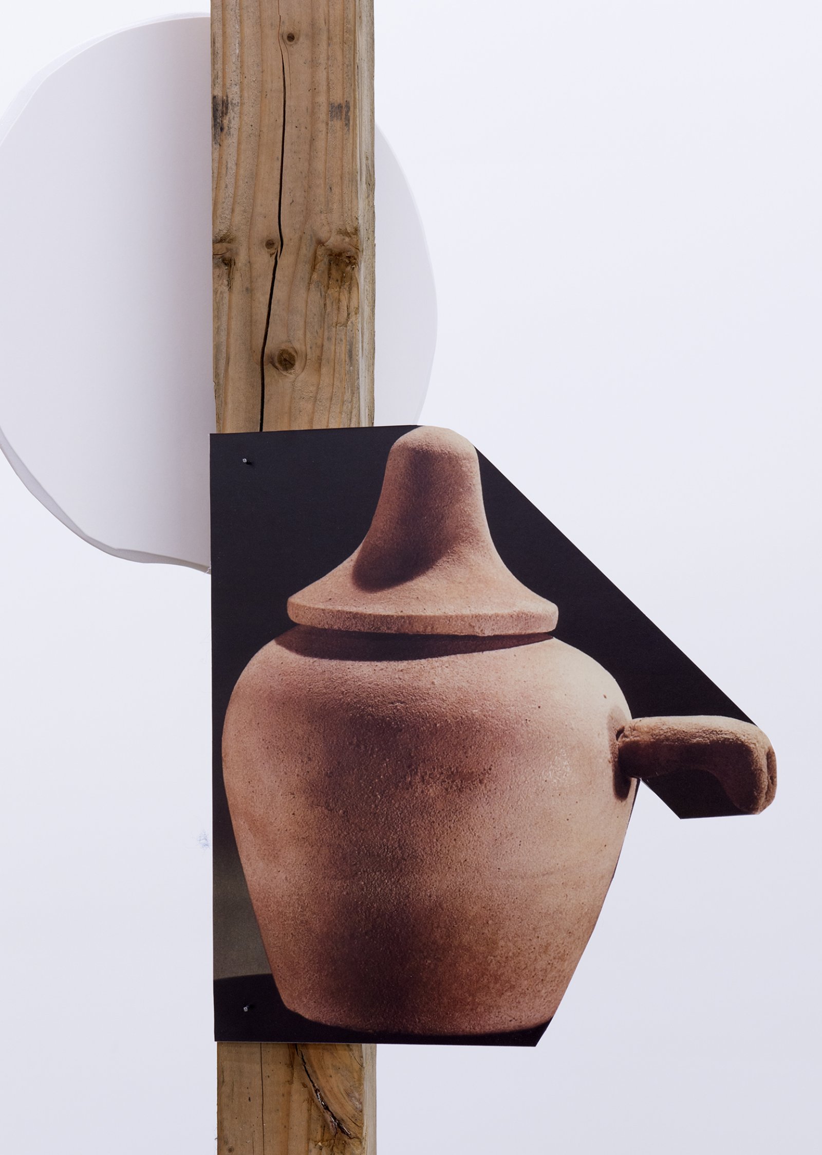Geoffrey Farmer, This is where the plate goes... (detail), 2014, douglas fir pole, 7 photographs mounted on foamcore, plastic topiary, 2 wooden wall façades, paint, window, sandbags, framed ink and cut-outs mounted on paper, dimensions variable by Geoffrey Farmer