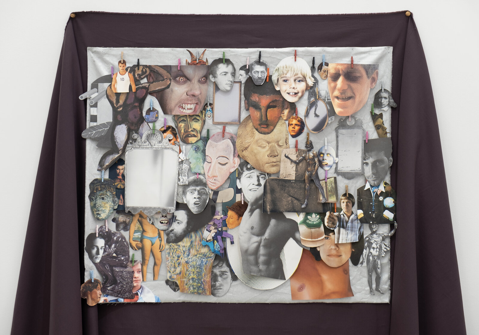Geoffrey Farmer, COUNTLESSHOURSSPENTLOOKINGINAMIRRORASKINGIFIMATCHEDHISOUTLINEWANTINGTOTOUCHHIMANDTOUCHMYSELFTOFINDWHETHERWEWEREMADEOFTHESAMEBRIGHTTHREADORIFIREALLYWASWOODGLUEPAPERAFLICKEROFLIGHTANDSHADOWPASTESTITCHANDHUNGERANDTIMEANDLUSTUNDERTHESKINISOFTLYIKEPTLOOKINGANDLOOKINGANDLOOKING (detail), 2025, found objects, fabric, bronze, cut paper, wire, clothes pins, pigment, 63 x 40 x 6 in. (160 x 102 x 14 cm)