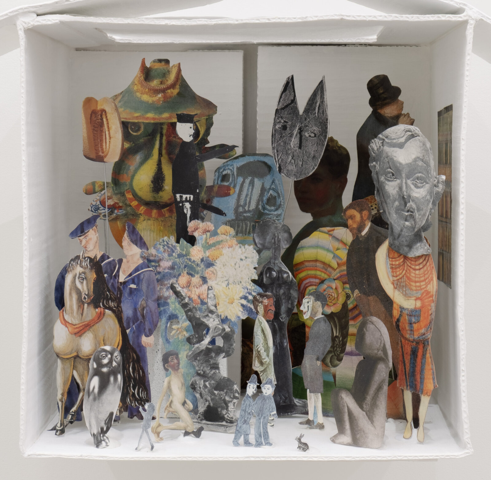 Geoffrey Farmer, Each Mask Is Another Window (detail), 2024, cardboard, white paint, wire, putty, book cut-outs, 17 x 23 x 11 in. (42 x 58 x 27 cm)