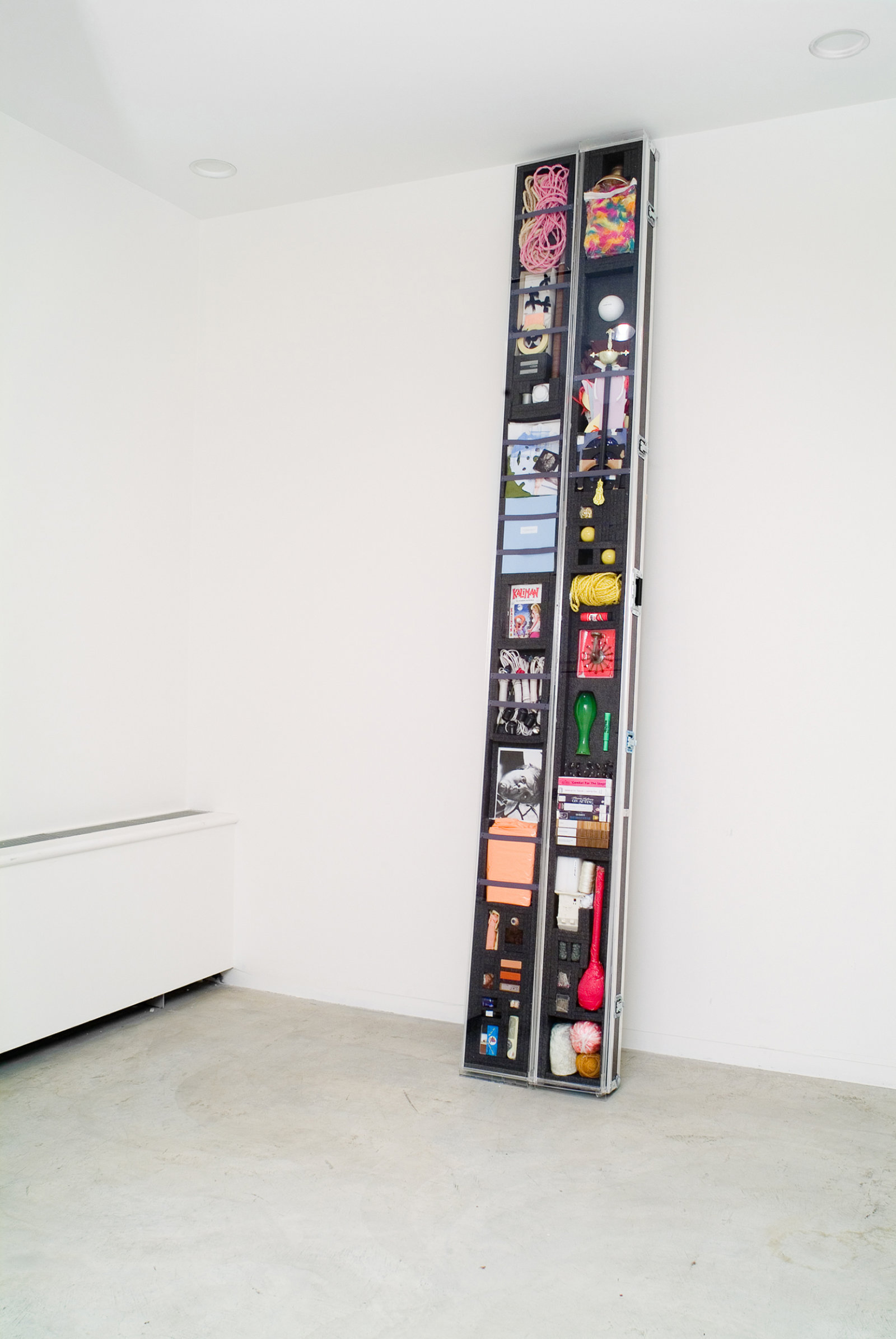 Geoffrey Farmer, Hunchback Kit, 2000, crate, lights, electrical cords, drawings, research documents, monitor, VCR, videos, dimensions variable. Installation view, Classified Materials, Vancouver Art Gallery, 2005