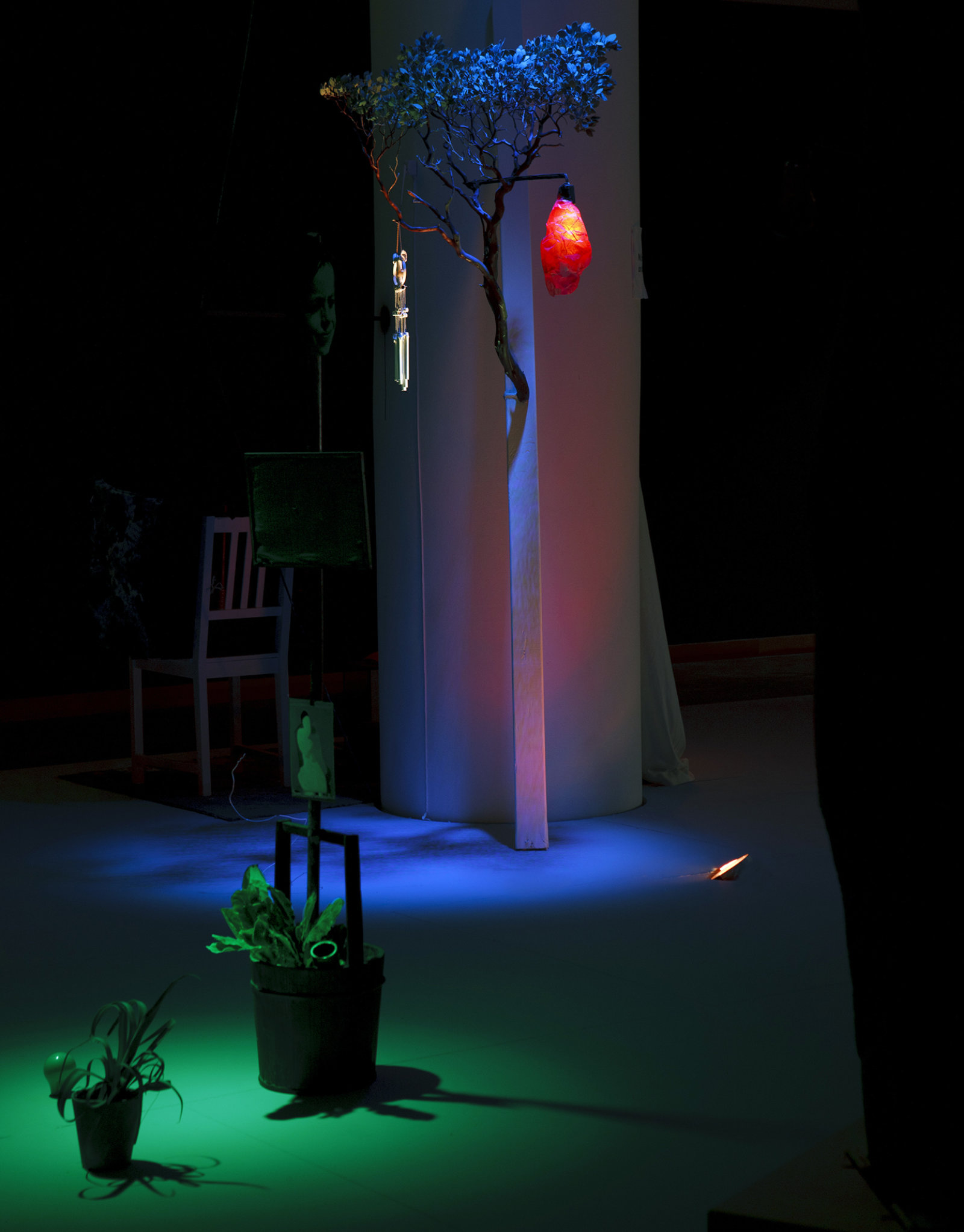 Geoffrey Farmer, Let's Make The Water Turn Black, 2011, a theatrical presentation of sculptural objects on a stage, with animatronics, audio and lighting directed by various computer programs, 289 x 360 x 90 in. (734 x 914 x 229 cm). Installation view, REDCAT, Los Angeles, 2011