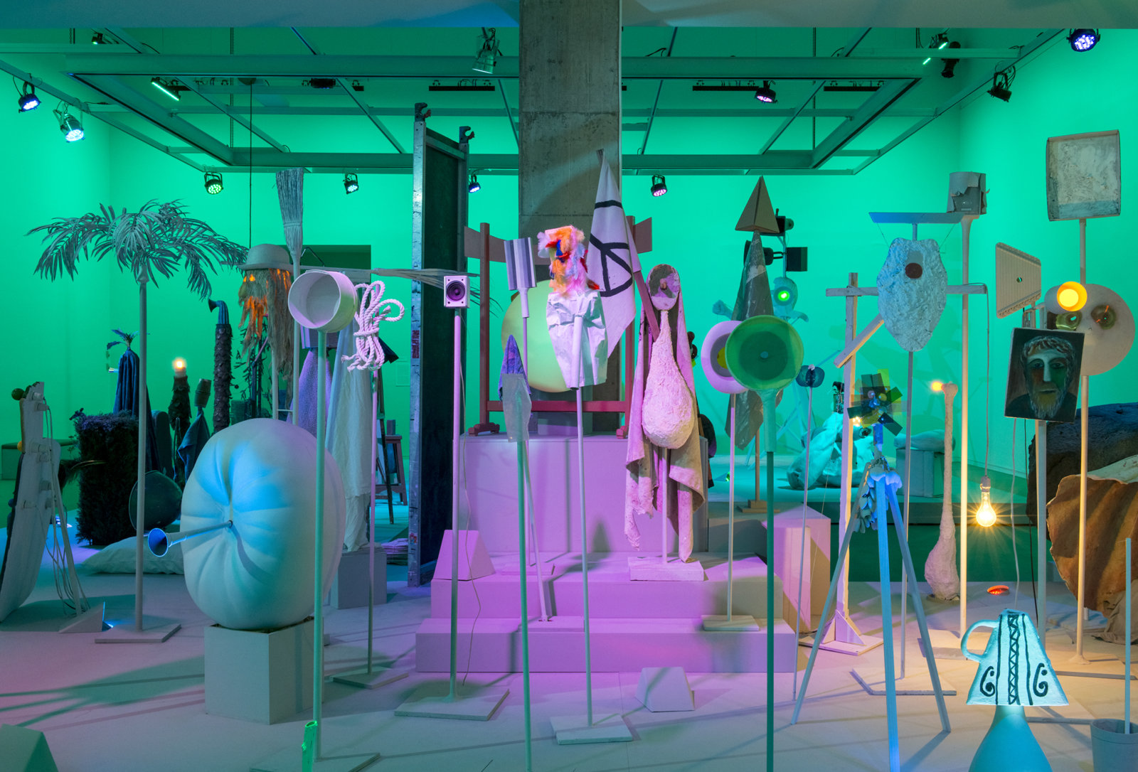 Geoffrey Farmer, Let's Make The Water Turn Black, 2013, a theatrical presentation of sculptural objects on a stage, with animatronics, audio and lighting directed by various computer programs, 289 x 360 x 90 in. (734 x 914 x 229 cm). Installation view, How Do I Fit This Ghost in My Mouth?, Vancouver Art Gallery, 2015