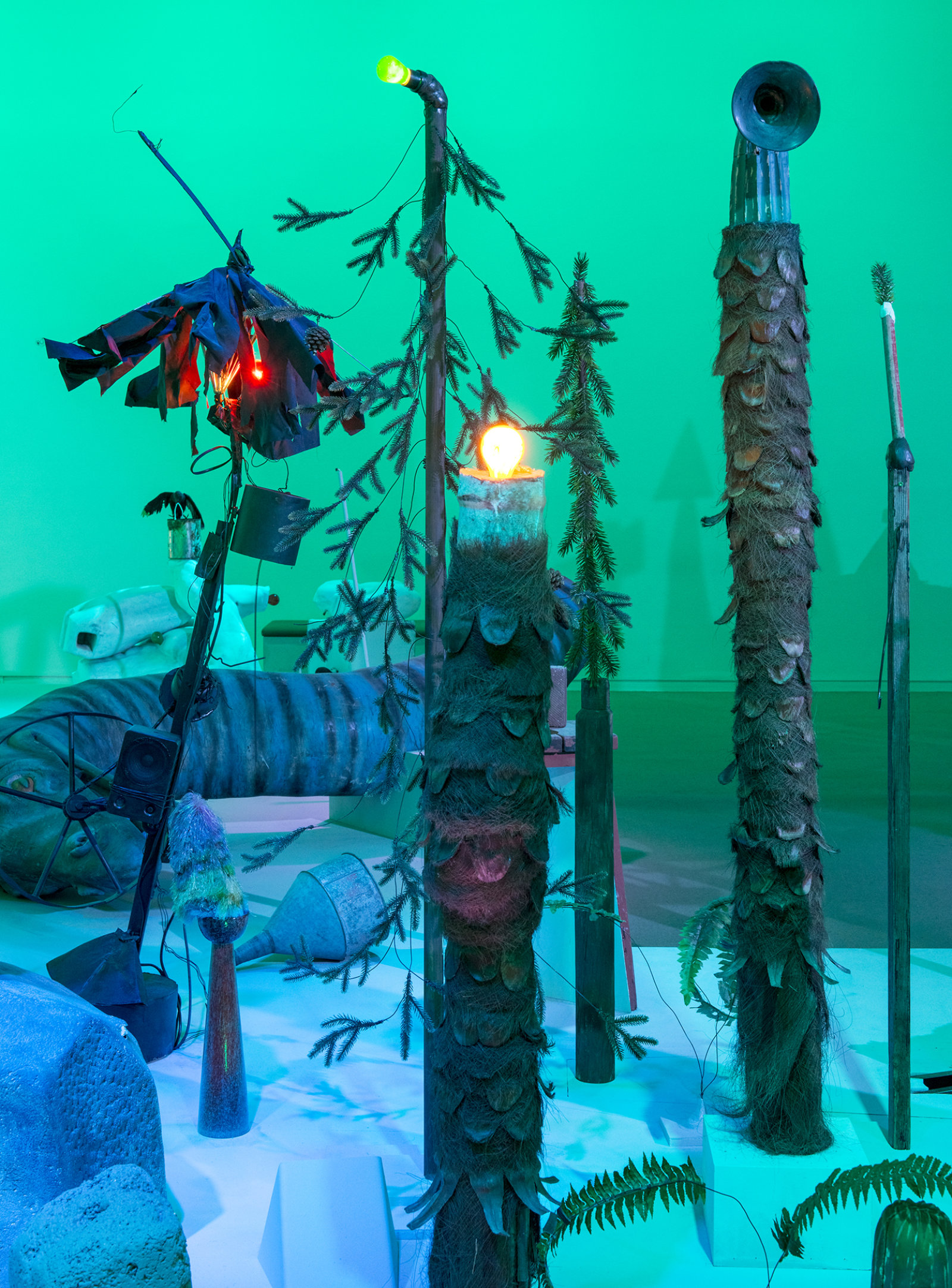 Geoffrey Farmer, Let's Make The Water Turn Black, 2013, a theatrical presentation of sculptural objects on a stage, with animatronics, audio and lighting directed by various computer programs, 289 x 360 x 90 in. (734 x 914 x 229 cm). Installation view, How Do I Fit This Ghost in My Mouth?, Vancouver Art Gallery, 2015