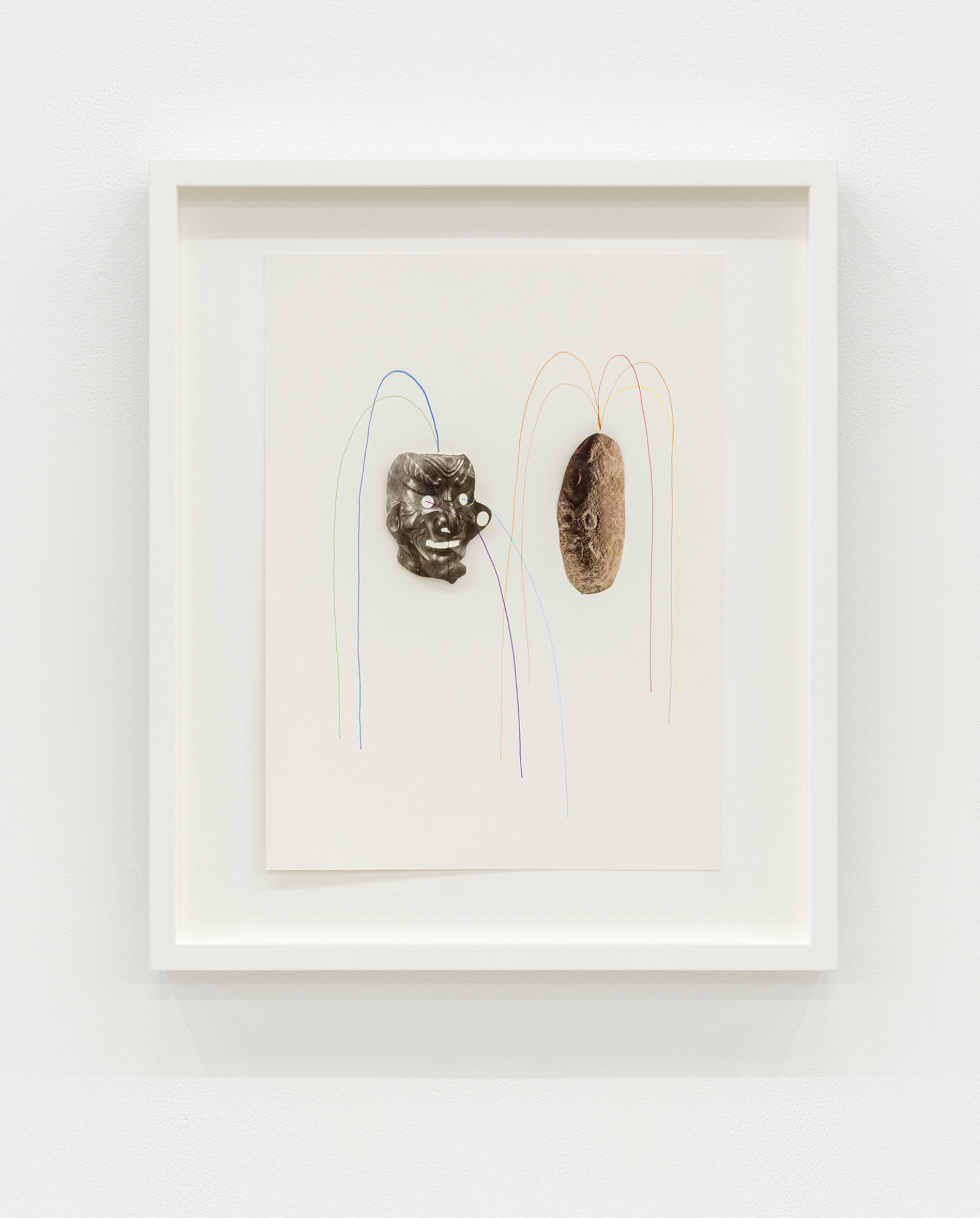 Geoffrey Farmer, Looking at a photograph of myself and realizing I had a potato instead of a head (Fountain) (detail), 2014, vitrine with cut-outs mounted on 5 vertical clay slabs, 4 wooden wall brick façades, paint, sandbags, framed cut-outs and ink mounted on paper, dimensions variable