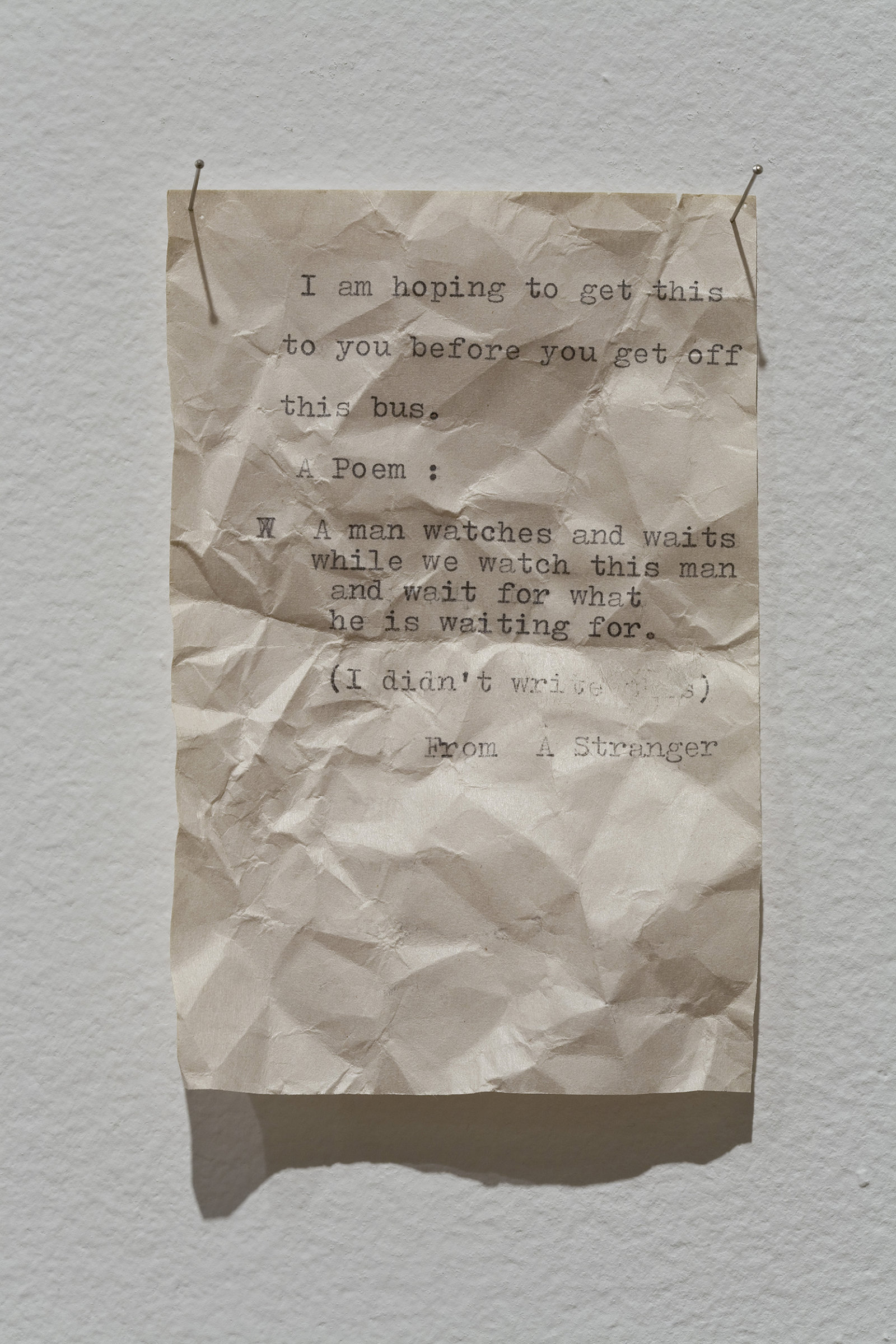 Geoffrey Farmer, Notes For Strangers, 1989–1990, small typewriter, 6 typewritten notes on paper, transfer ticket, shelf with plexiglass top, dimensions variable
