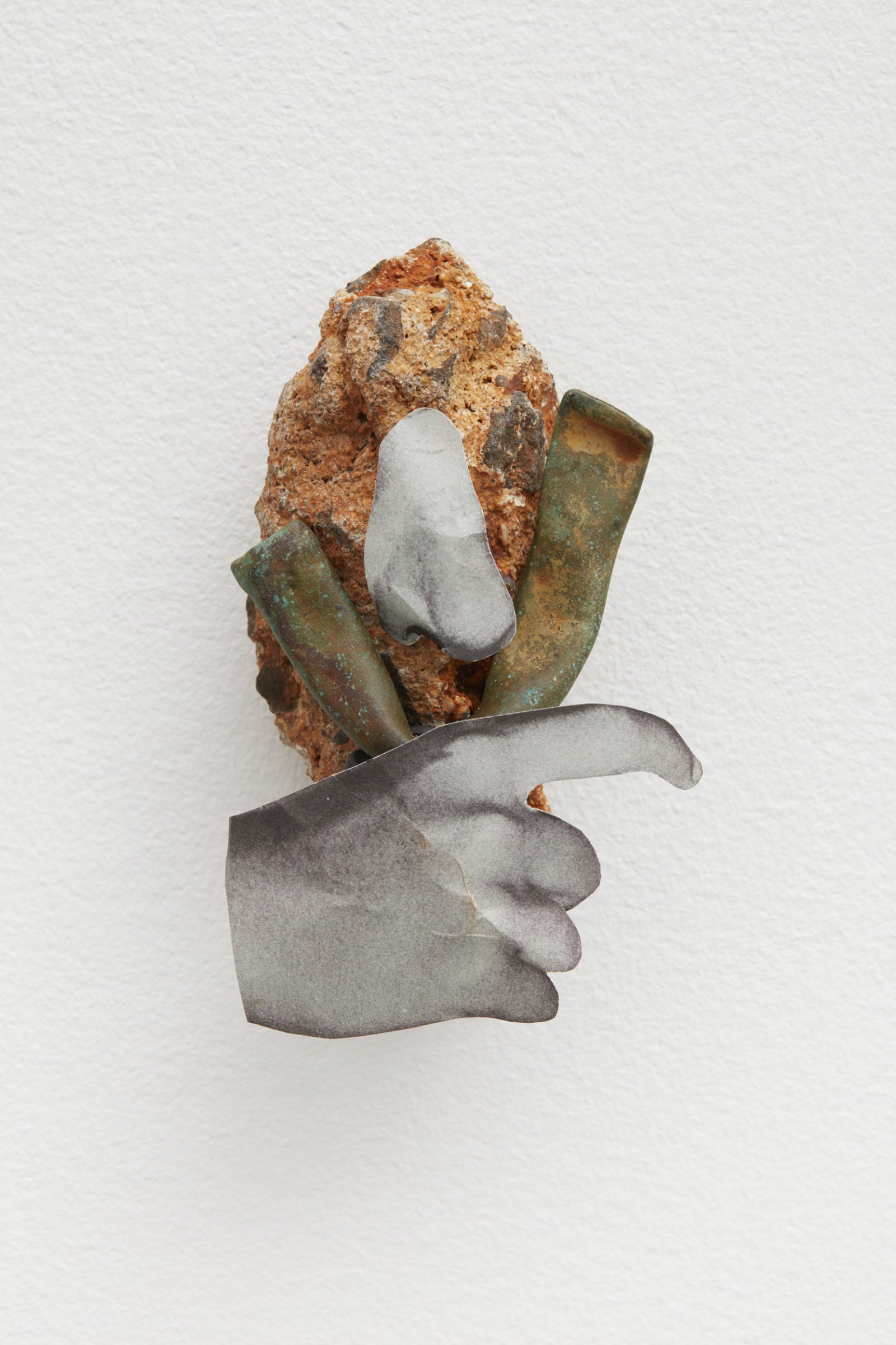 Geoffrey Farmer, Obstruction, 2020, cut-and-pasted printed, paper, copper pipe, conglomerate, epoxy, clay, 6 x 4 x 2 in. (14 x 9 x 6 cm)