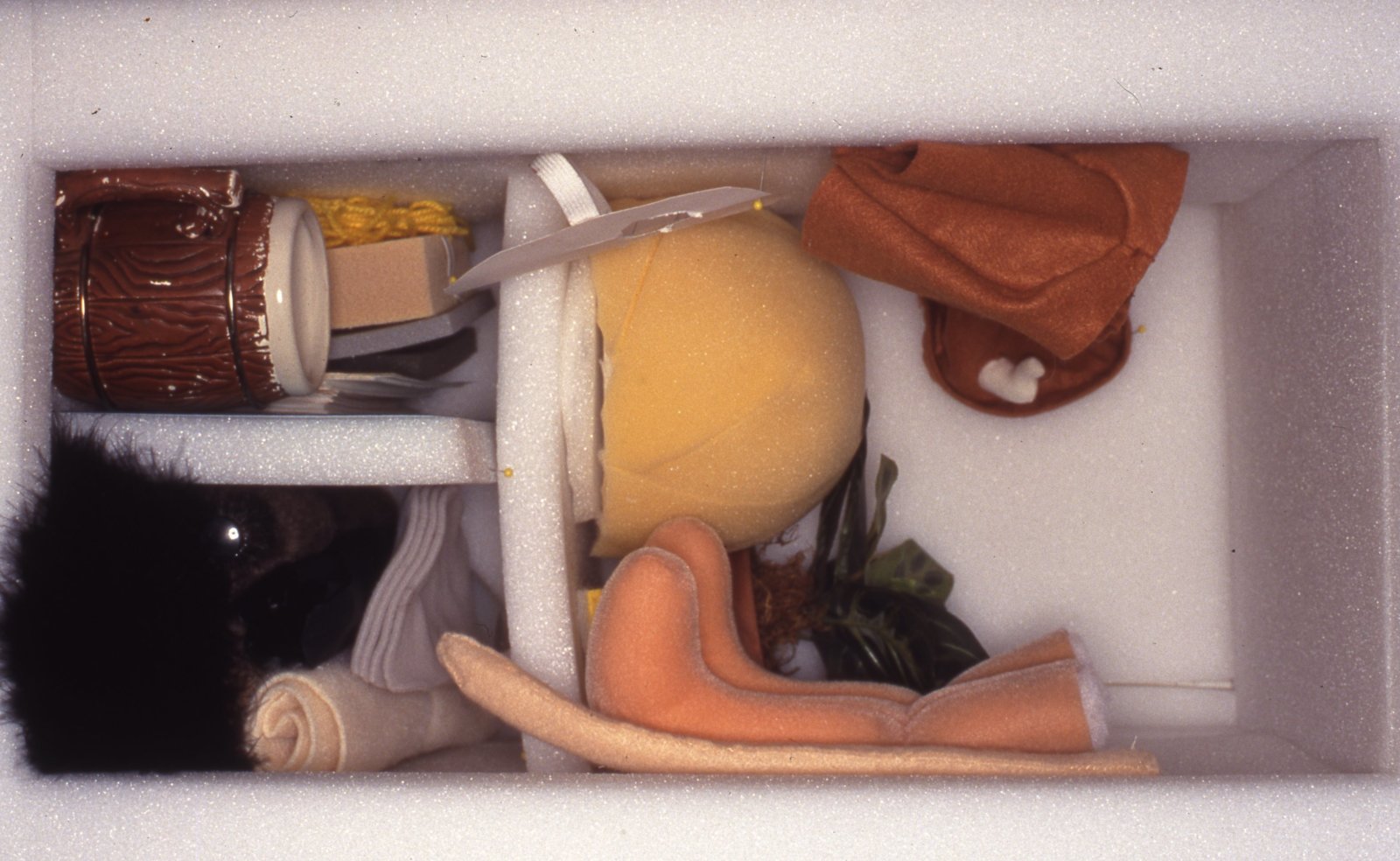 Geoffrey Farmer, Puppet Kit (Personality Workshop) (detail), 2001, crate, various media and video, dimensions variable