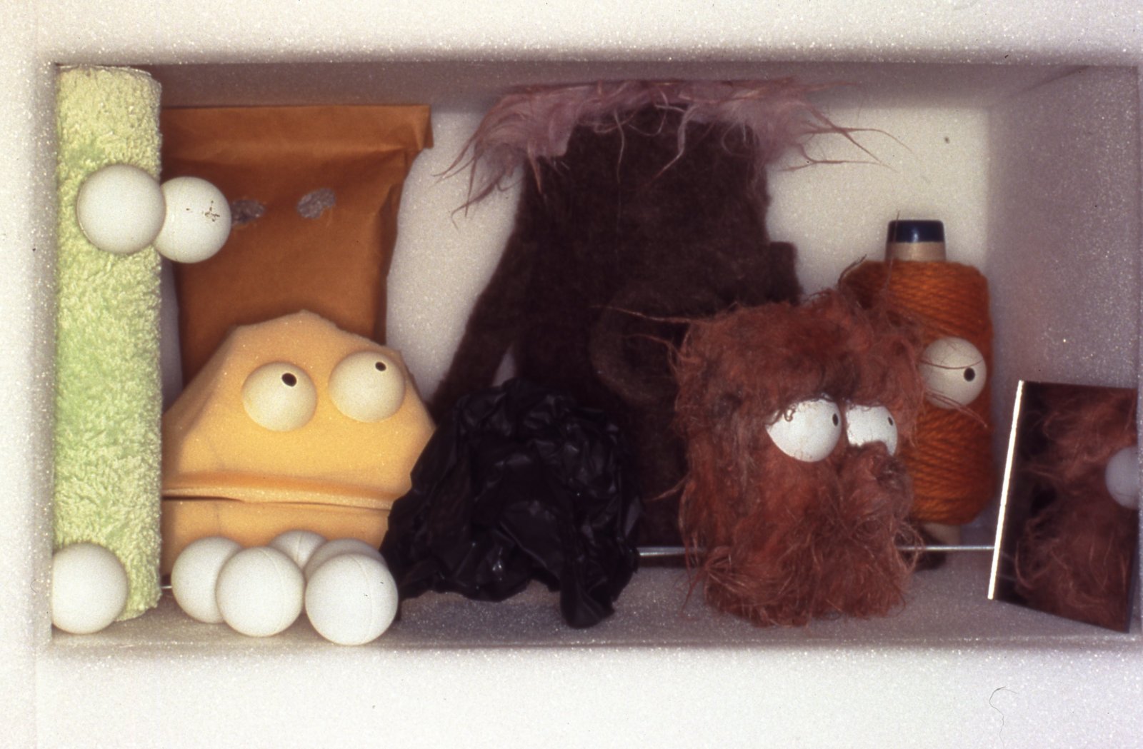 Geoffrey Farmer, Puppet Kit (Personality Workshop) (detail), 2001, crate, various media and video, dimensions variable