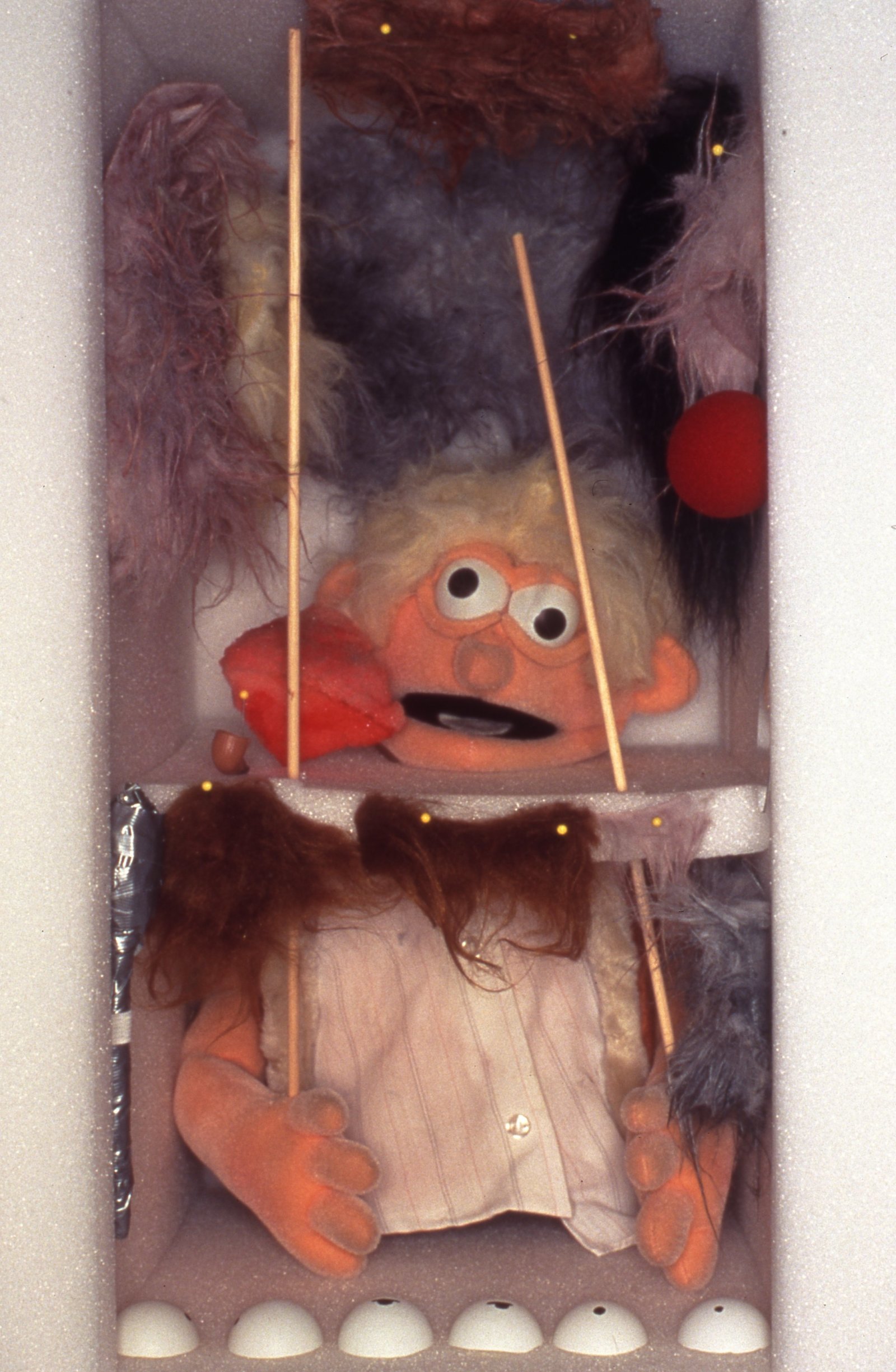 Geoffrey Farmer, Puppet Kit (Personality Workshop) (detail), 2001, crate, various media and video, dimensions variable