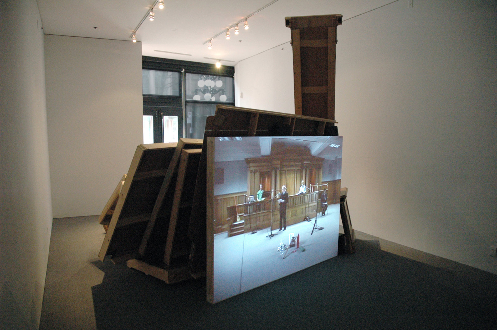 Geoffrey Farmer and Judy Radul, Room 302, 2005, courtroom furnishings and DVD projection, dimensions variable