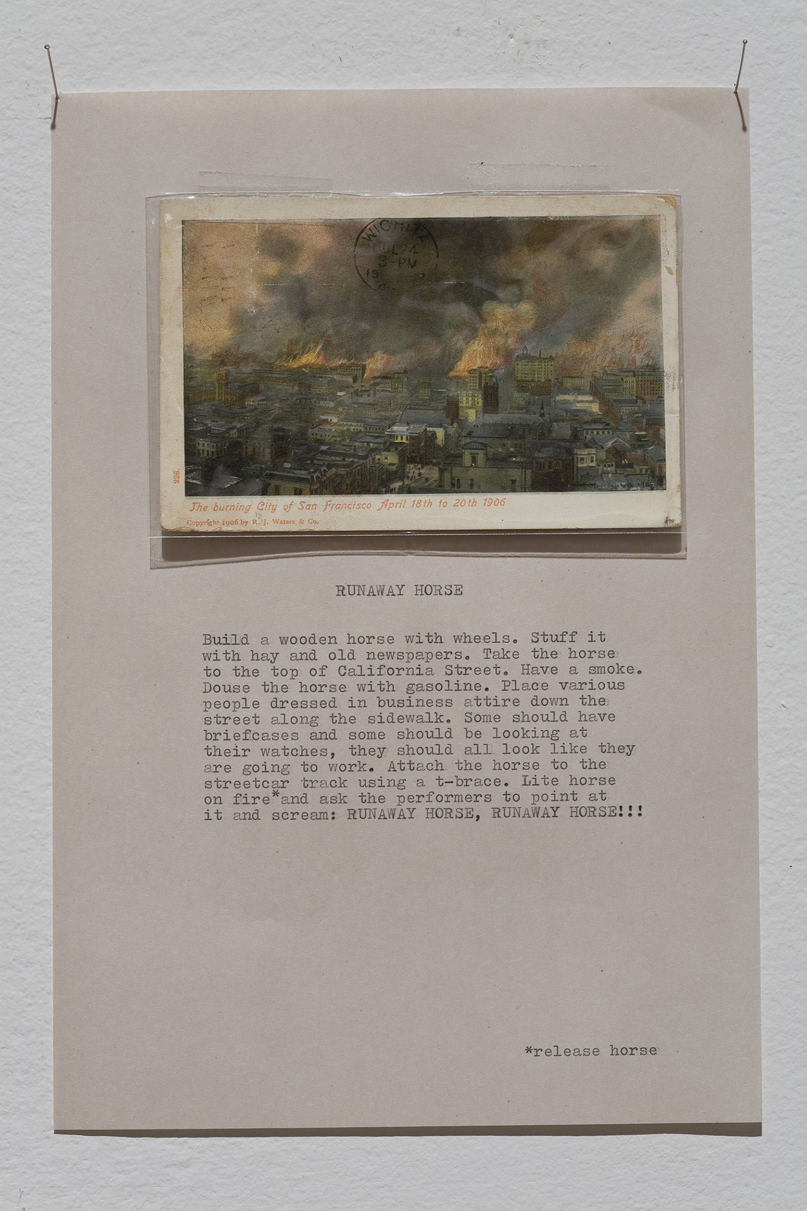 Geoffrey Farmer, Runaway Horse, 1991–1992, postcard and written notes on paper, 20 x 12 in. (51 x 30 cm)