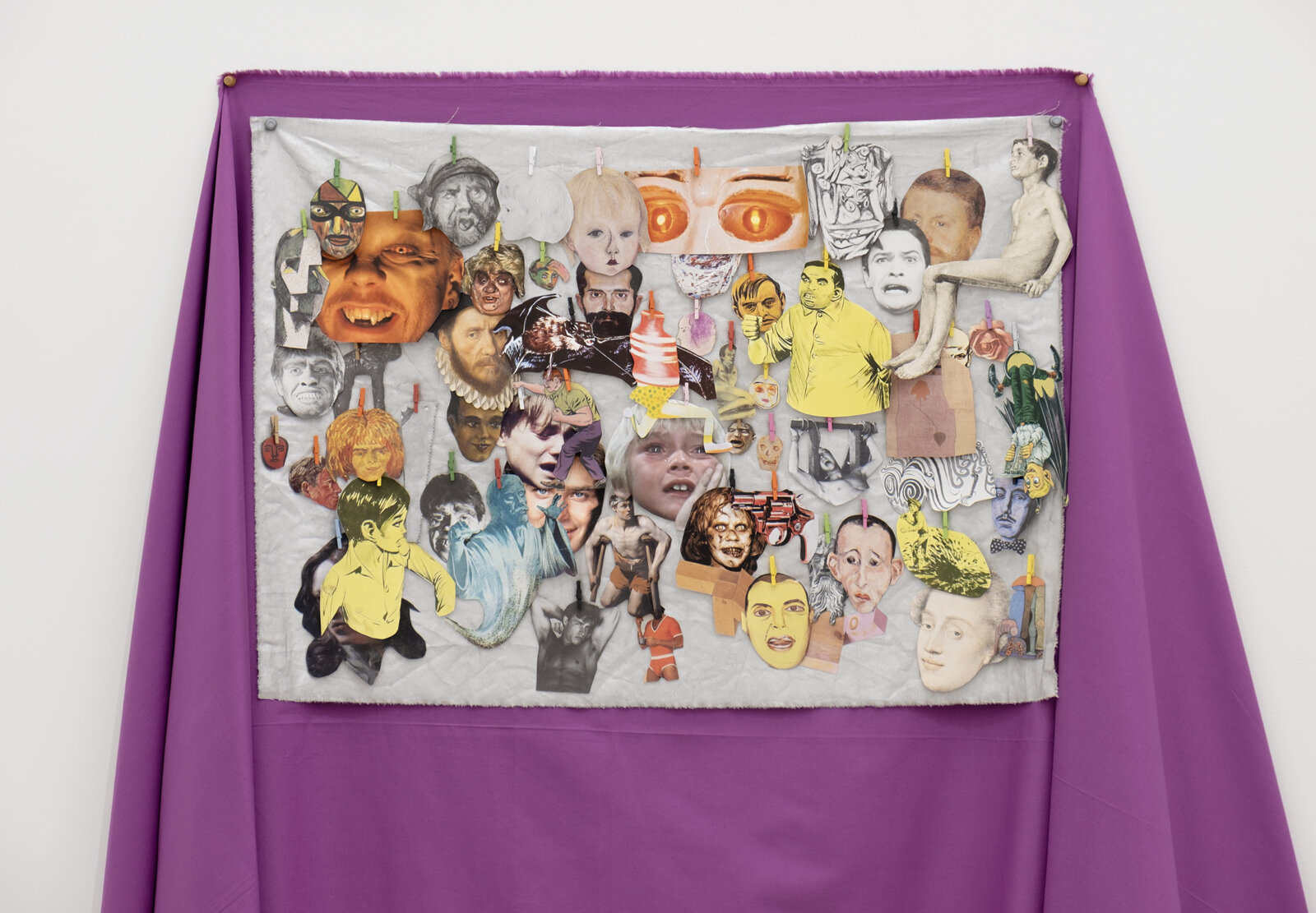 Geoffrey Farmer, SIXONWARDYOULEARNTHERULESYOUMEMORIZETHECOLORGRADEYOUBITEYOURTONGUEPINKWORLDMENINSLACKSWITHGOLFSHOESAUTHORITYINSWEATSOAKEDROOMSYOUAREQUIETYOUMAKEYOURSELFTHINUNTILTHEPOUNDINGPASSESYOUDOYOURBESTANDWAITYOUWAITYOUWAITYOUWAITYOUWAIT (detail), 2010–2025, found objects, fabric, bronze, cut paper, wire, clothes pins, pigment, 63 x 40 x 6 in. (160 x 102 x 14 cm)