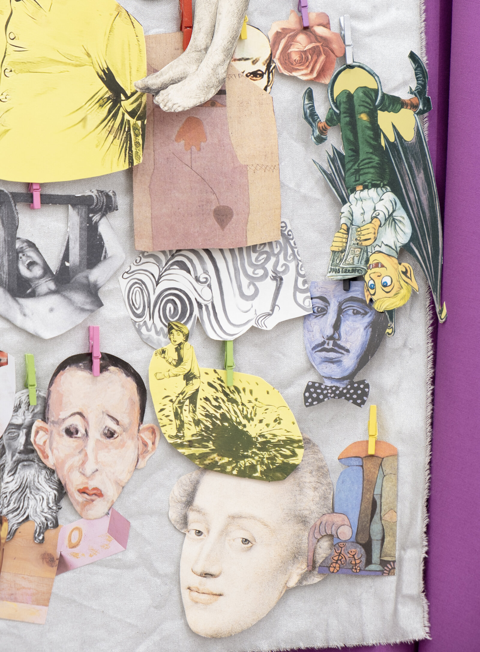 Geoffrey Farmer, SIXONWARDYOULEARNTHERULESYOUMEMORIZETHECOLORGRADEYOUBITEYOURTONGUEPINKWORLDMENINSLACKSWITHGOLFSHOESAUTHORITYINSWEATSOAKEDROOMSYOUAREQUIETYOUMAKEYOURSELFTHINUNTILTHEPOUNDINGPASSESYOUDOYOURBESTANDWAITYOUWAITYOUWAITYOUWAITYOUWAIT (detail), 2010–2025, found objects, fabric, bronze, cut paper, wire, clothes pins, pigment, 63 x 40 x 6 in. (160 x 102 x 14 cm)