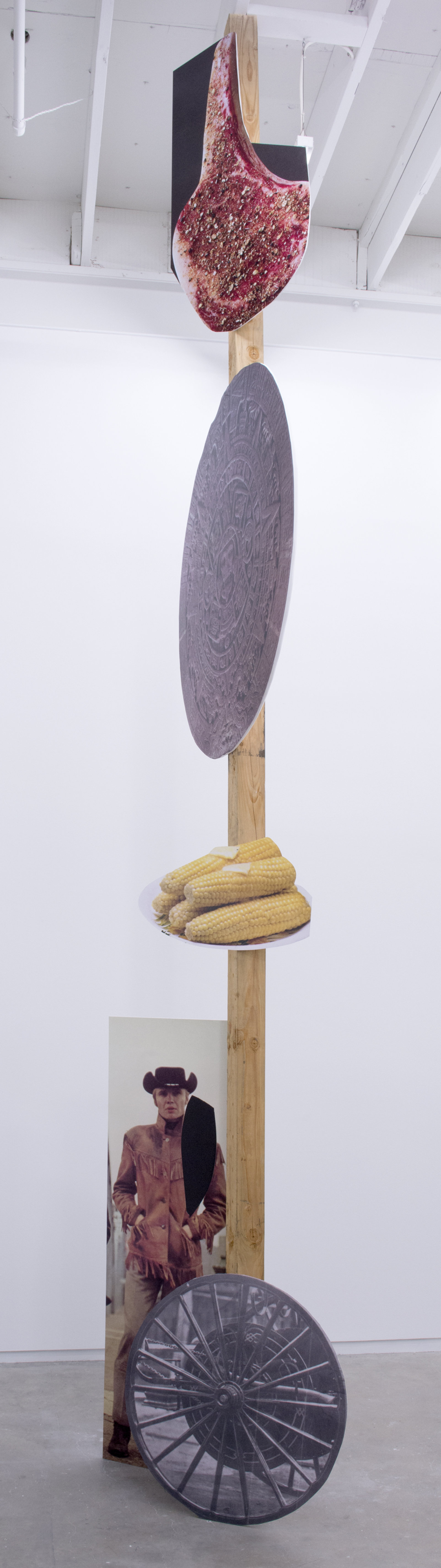 Geoffrey Farmer, Some kinds of sacrifice, 2014, douglas fir pole, 6 photographs mounted on foamcore, 200 x 4 x 4 in. (508 x 9 x 9 cm)