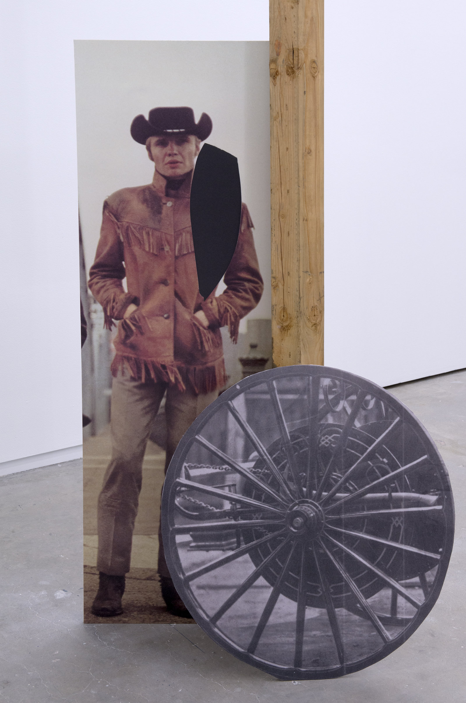 Geoffrey Farmer, Some kinds of sacrifice (detail), 2014, douglas fir pole, 6 photographs mounted on foamcore, 200 x 4 x 4 in. (508 x 9 x 9 cm)