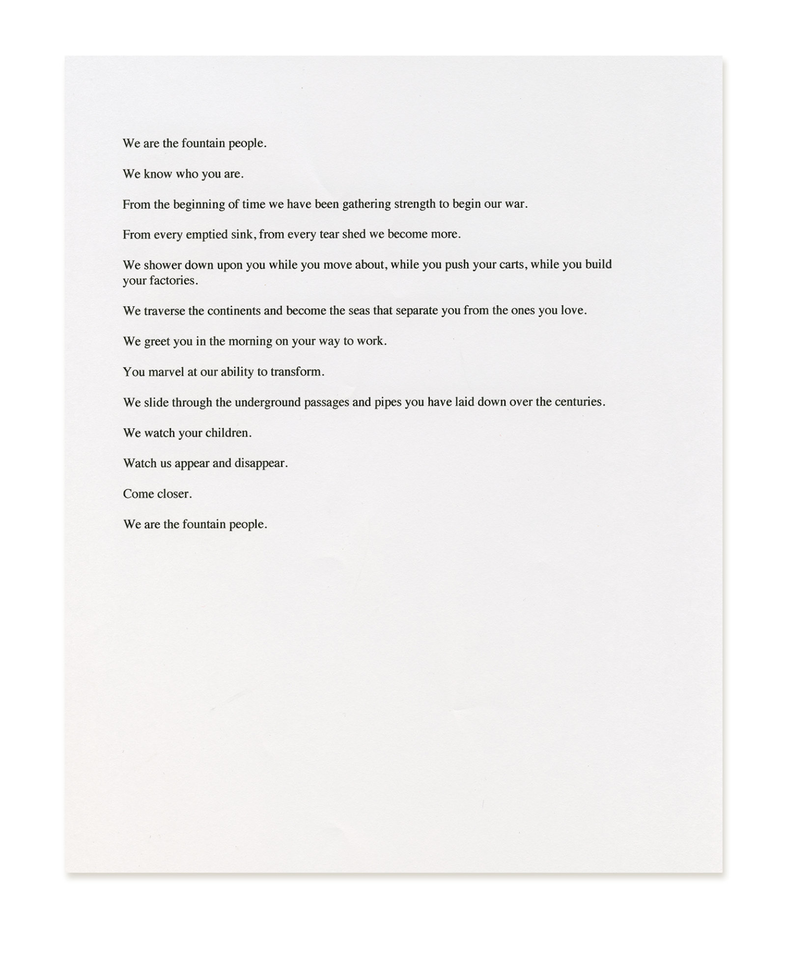 Geoffrey Farmer, The Fountain People (detail), 2008, video projection, 10 minutes looped, handwritten text on paper, dimensions variable