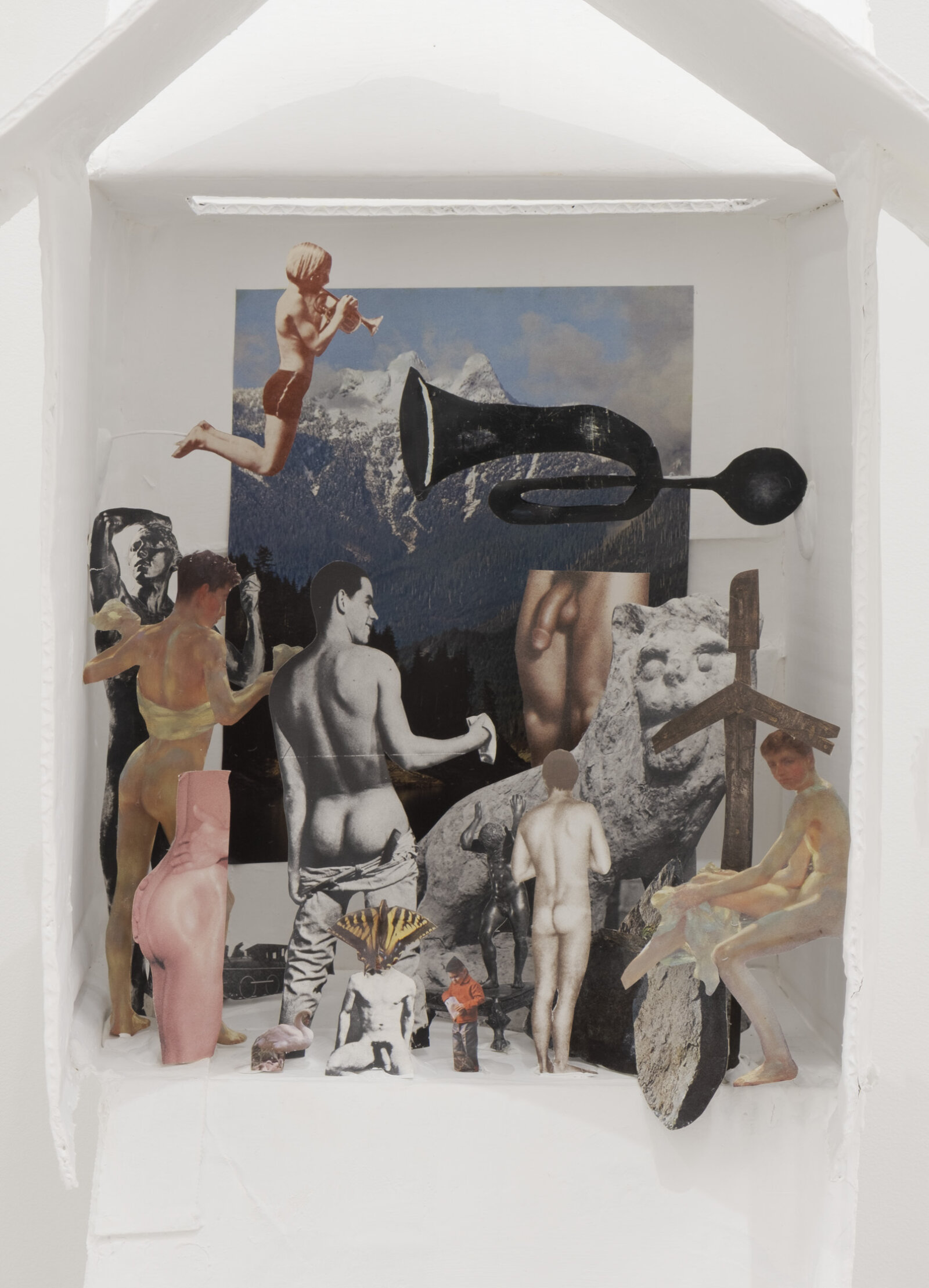 Geoffrey Farmer, The Hellhounds of Thirty-Foot Pool, 2024, cardboard, white paint, wire, putty, book cut-outs, 21 x 24 x 15 in. (53 x 61 x 38 cm)