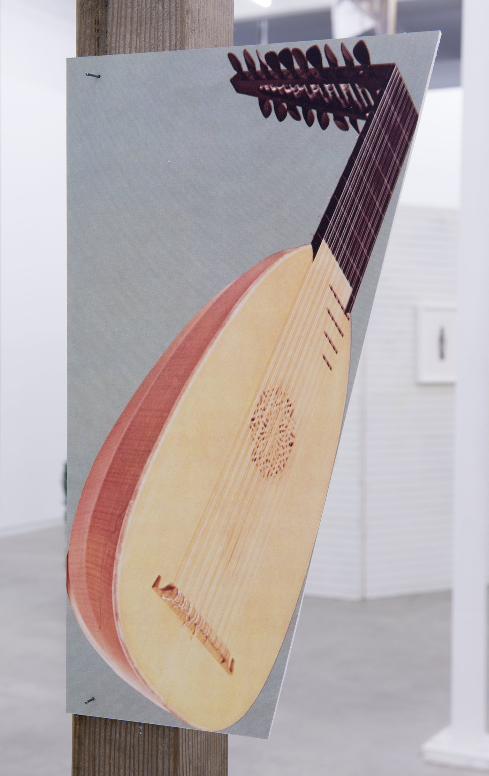 Geoffrey Farmer, This one is the lightness of a palm frond, the sound of a lute, the colour of fruit. The expressions of a monkey. A large orange eye. I drift in the warm wind. (detail), 2014, douglas fir pole, 6 photographs mounted on foamcore, 200 x 4 x 4 in. (508 x 9 x 9 cm)