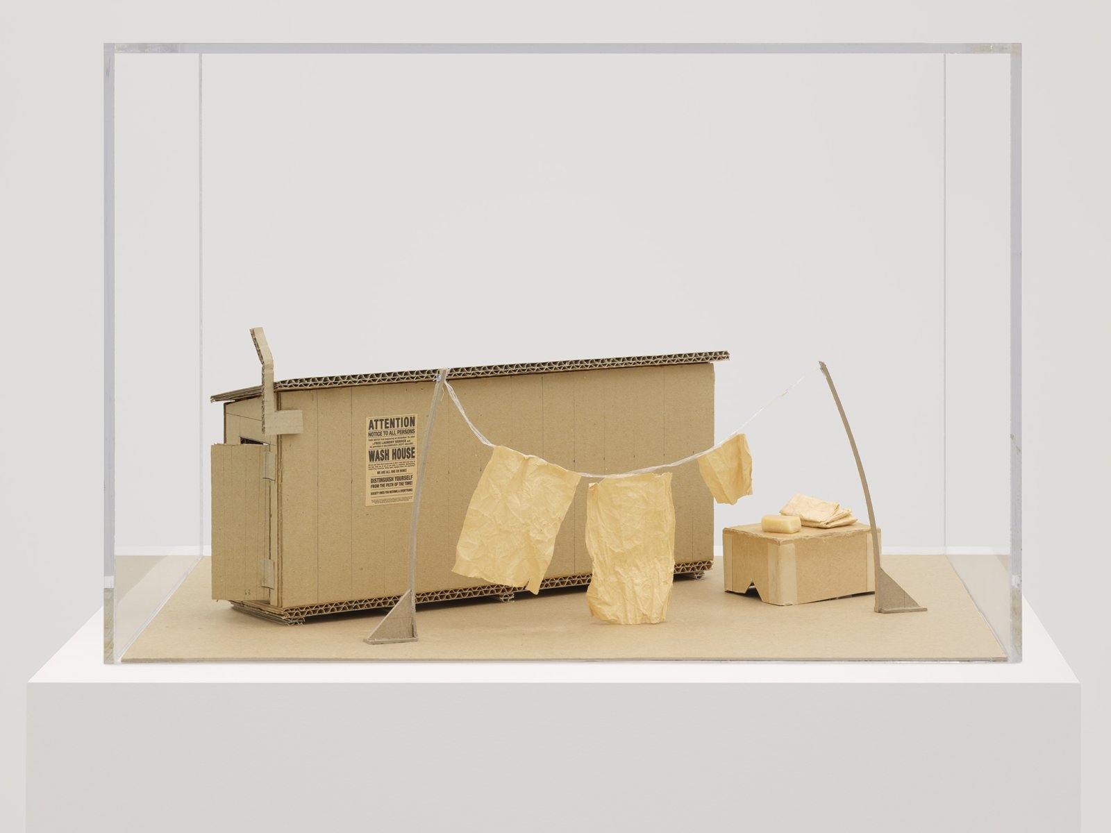 Geoffrey Farmer, Wash House Maquette, 2007, cardboard, rice paper, string, digital print, soap, plexiglas case, 20 x 14 x 13 in. (50 x 36 x 33 cm)