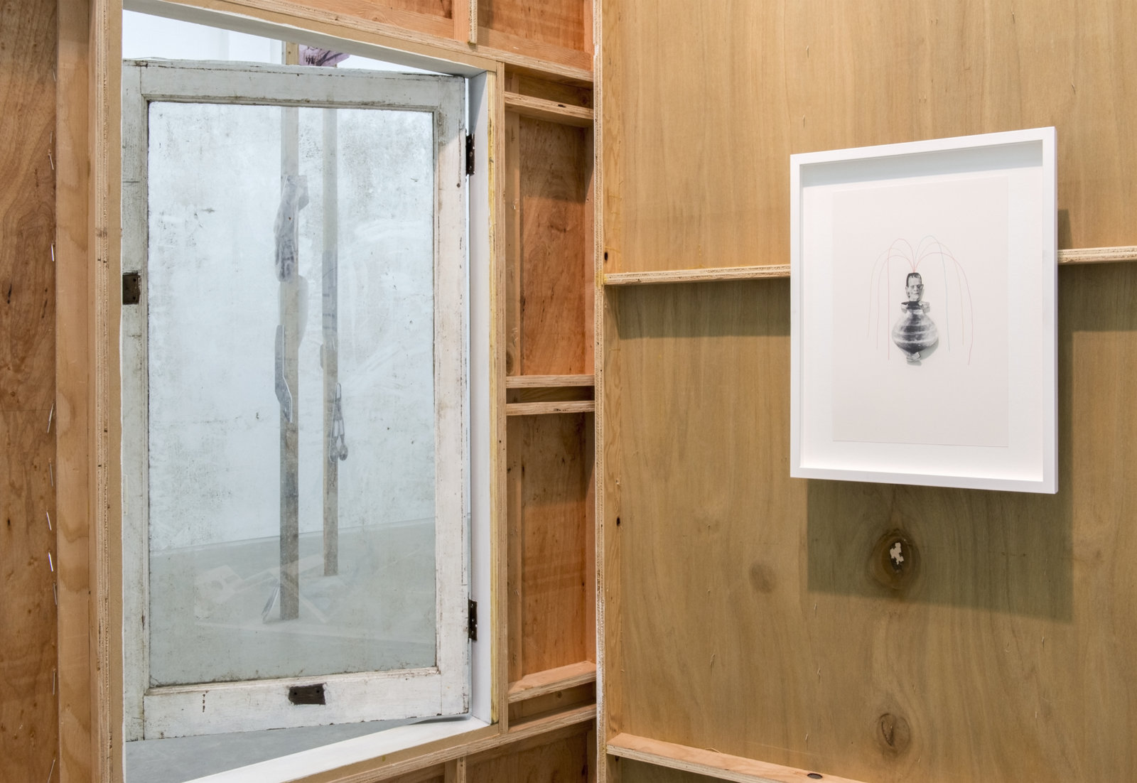 Geoffrey Farmer, Workbooks with When I got fired from that Beckett Play (Fountain) (detail), 2014, vitrine with 5 cut-outs collaged on foamcore, 2 wooden wall façades, paint, window, sandbags, framed cut-outs and ink mounted on paper, dimensions variable