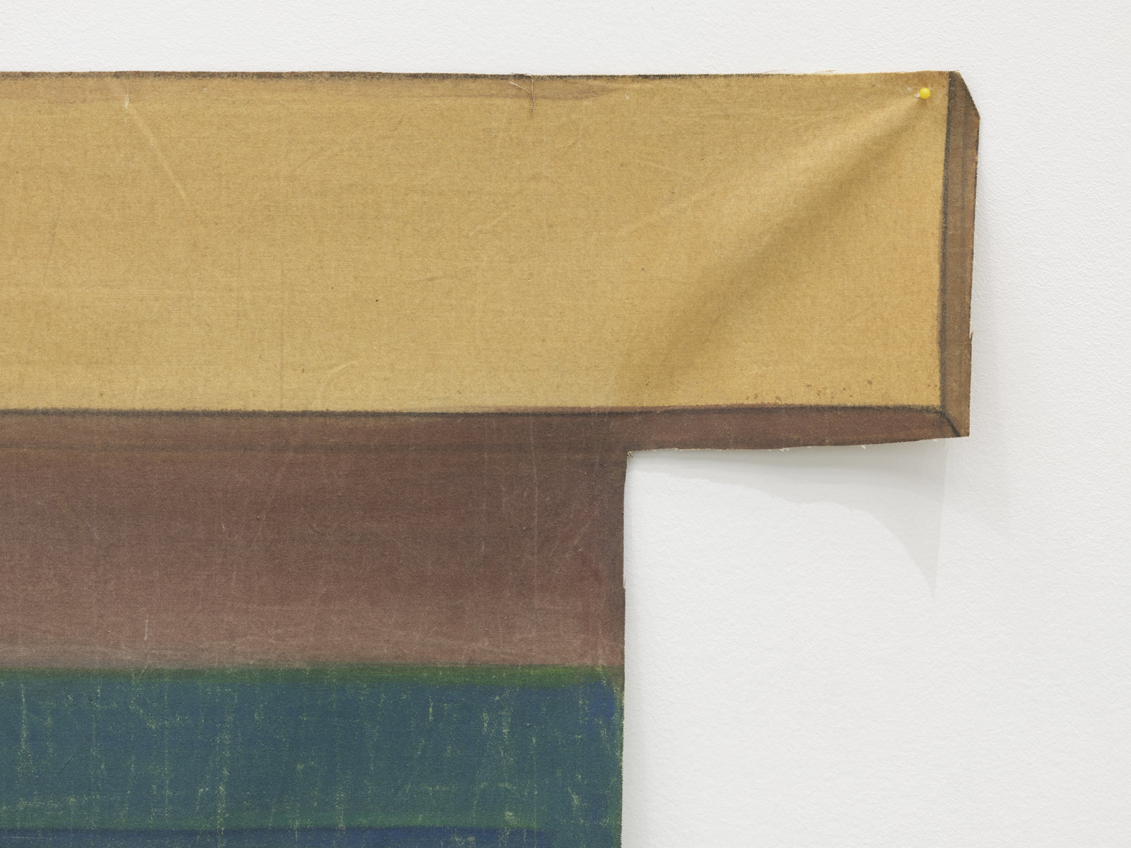 Geoffrey Farmer, Yellow Blinds, Illuminated in the Last Electric Blue of the Silence Dusk (detail), 2016, theatre backdrop (1940s), pins, 96 x 90 in. (244 x 229 cm)
