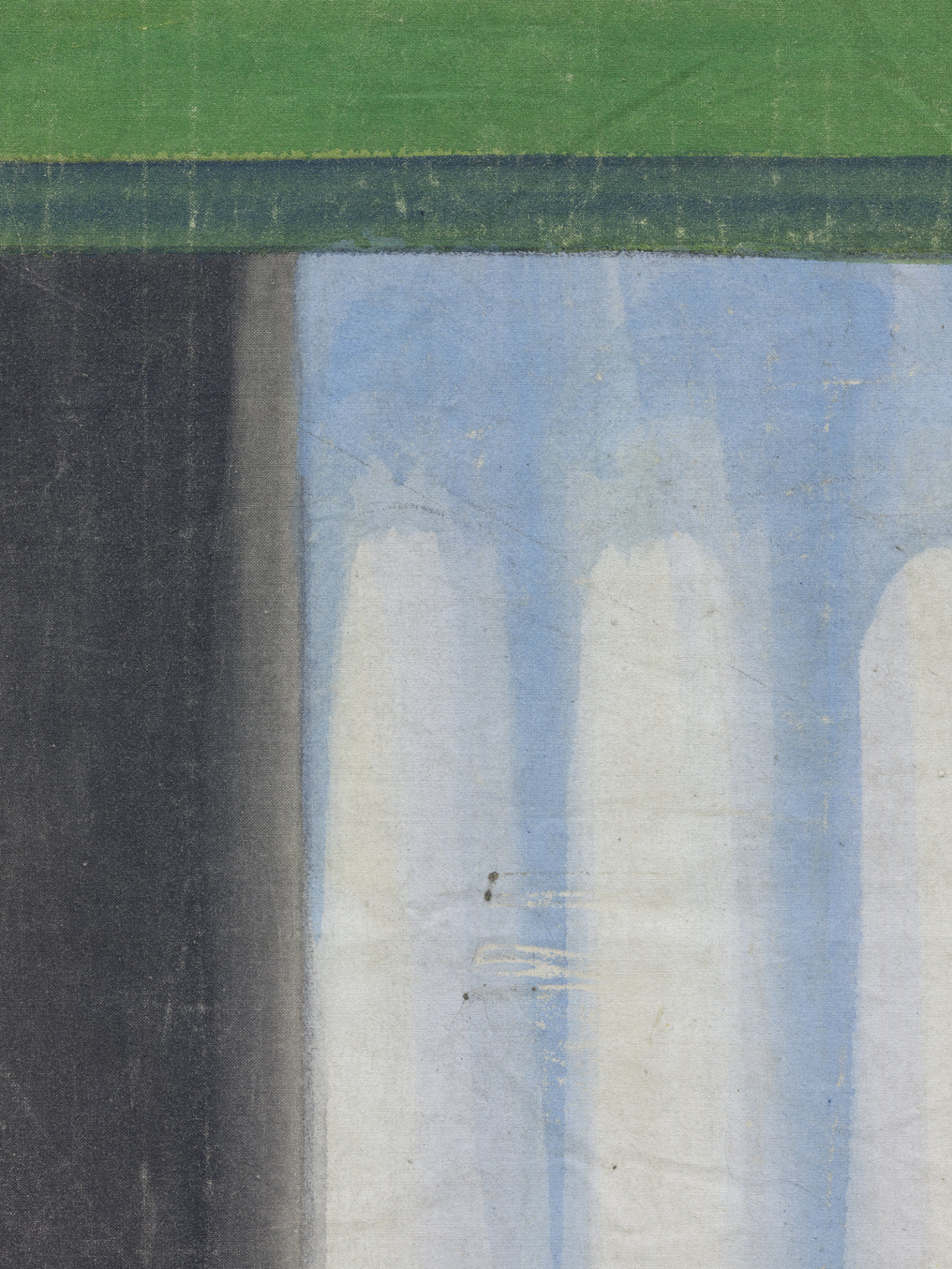 Geoffrey Farmer, Yellow Blinds, Illuminated in the Last Electric Blue of the Silence Dusk (detail), 2016, theatre backdrop (1940s), pins, 96 x 90 in. (244 x 229 cm)