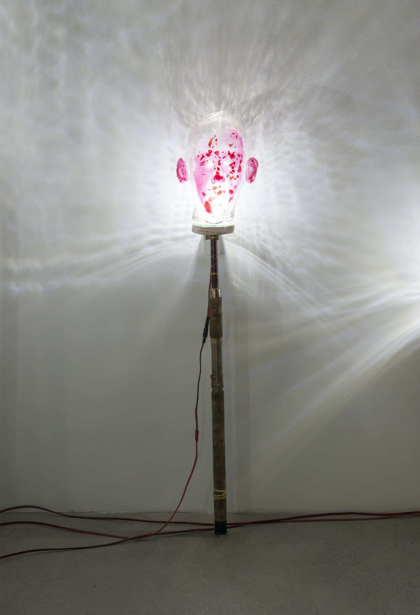 ​​Julia Feyrer, Witnesses, 2018, broken bulb, fishing rod, handblown glass, dyed silicone, LED lights, 38 x 7 x 10 in. (97 x 18 x 25 cm)​ by Julia Feyrer