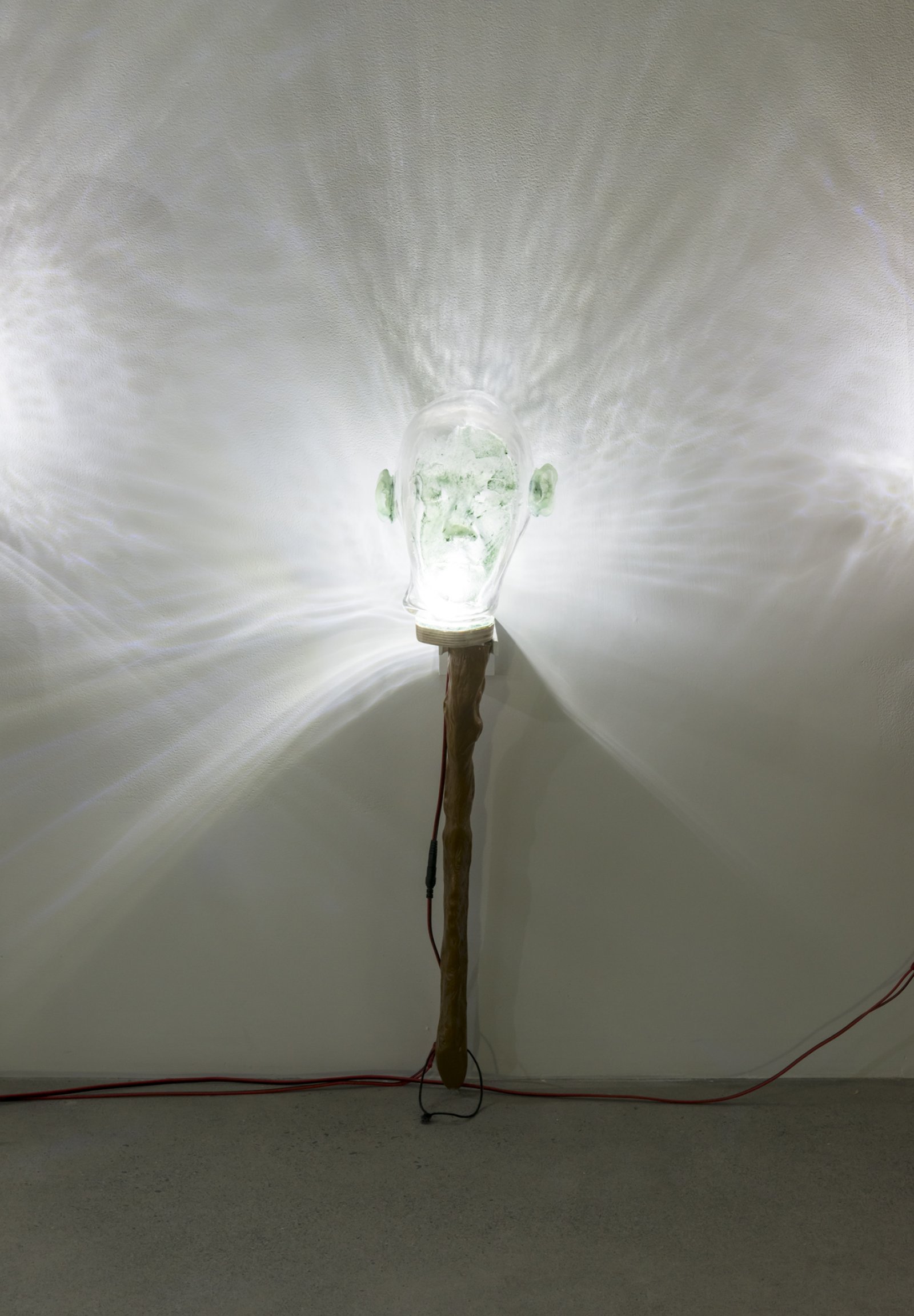 ​​Julia Feyrer, Witnesses, 2018, spirulina, quidditch broom handle, handblown glass, dyed silicone, LED lights, 34 x 7 x 10 in. (86 x 18 x 25 cm)​ by Julia Feyrer
