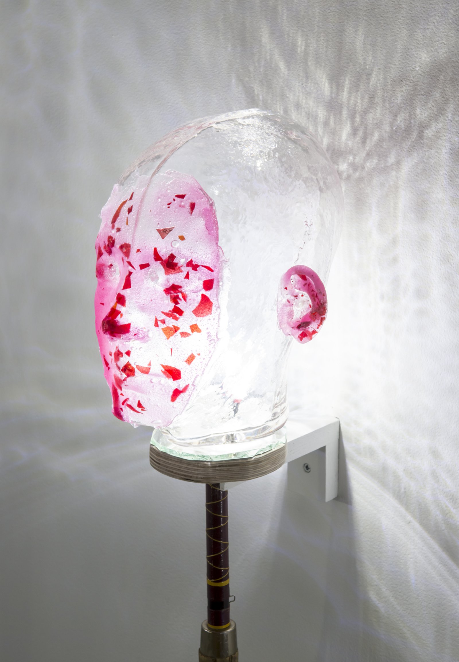 ​Julia Feyrer, Witnesses (detail), 2018, broken bulb, fishing rod, handblown glass, dyed silicone, LED lights, 38 x 7 x 10 in. (97 x 18 x 25 cm) by Julia Feyrer