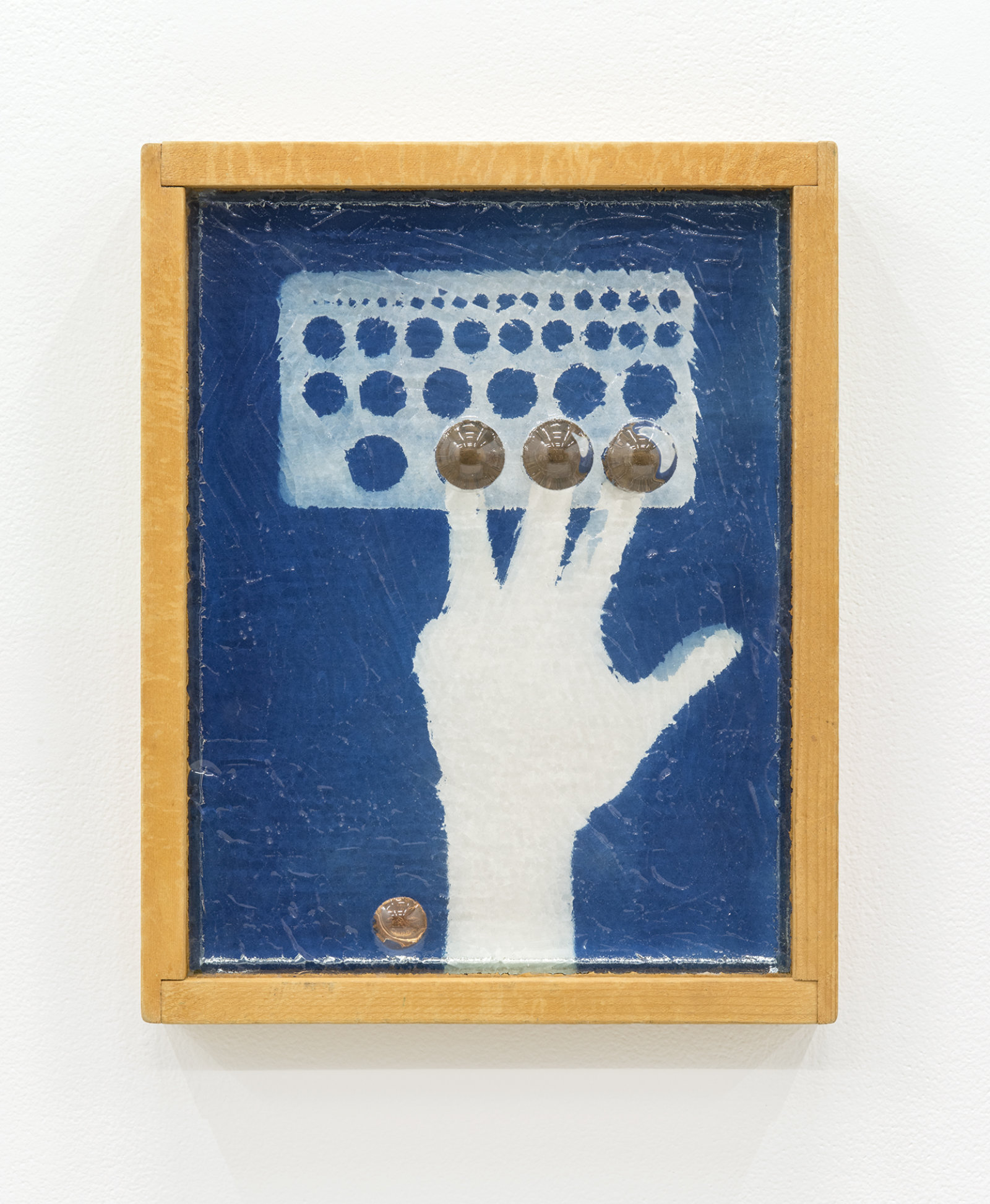 Kasper Feyrer, 2012, 1913, 1914, 1915..., 2013, custom fused glass, rust stained wood frame, canadian pennies, mirror inset, magnets, cyanotype, 15 x 12 in. (38 x 30 cm)