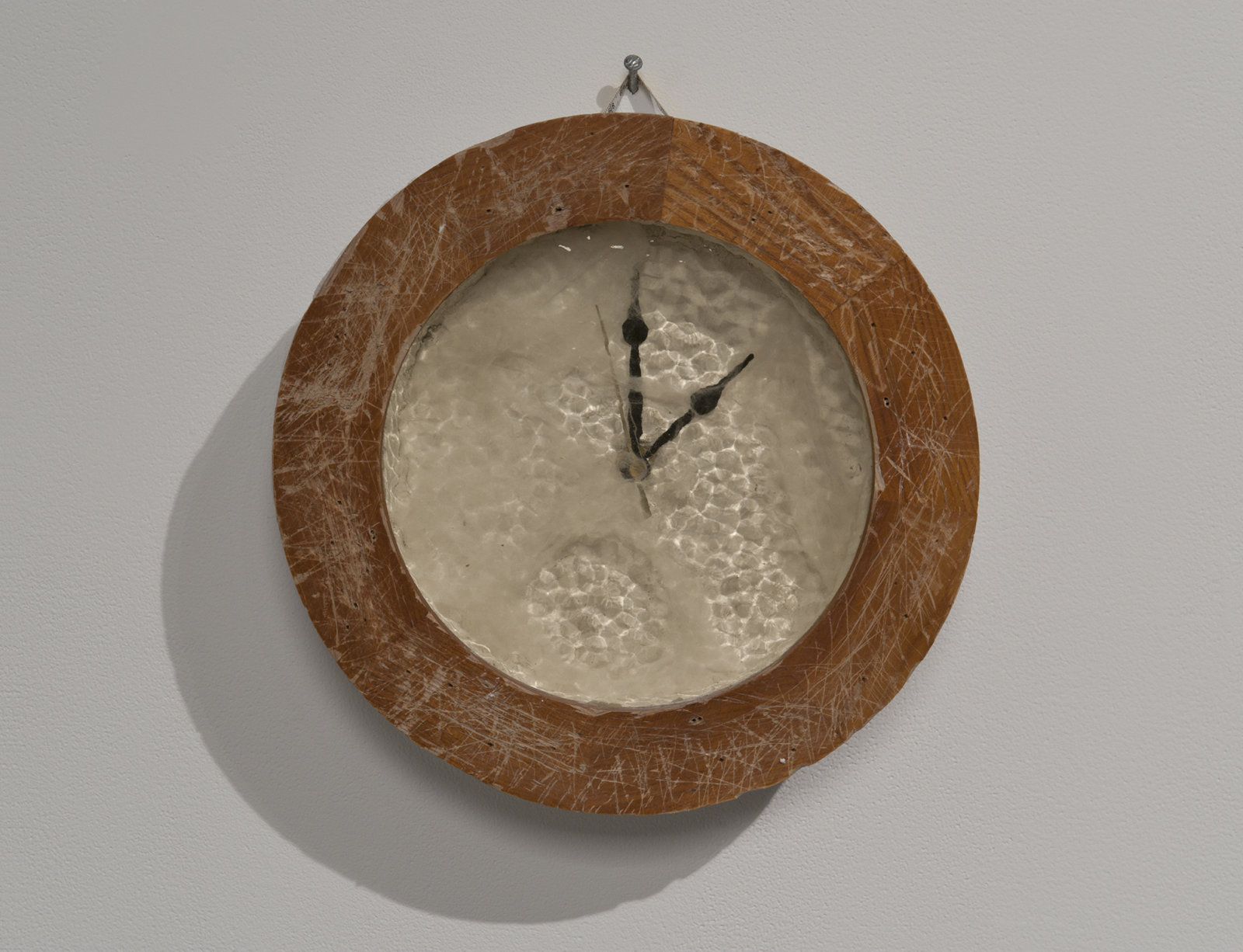 Kasper Feyrer, Antiqued/Muffled (The Crypt), 2012, english muffle antique veil glass, wood, fake cobwebs, styrofoam, plaster, plastic clock hands, mothball, tape measure, quartz clock movement, 13 x 13 x 3 in. (32 x 32 x 8 cm)