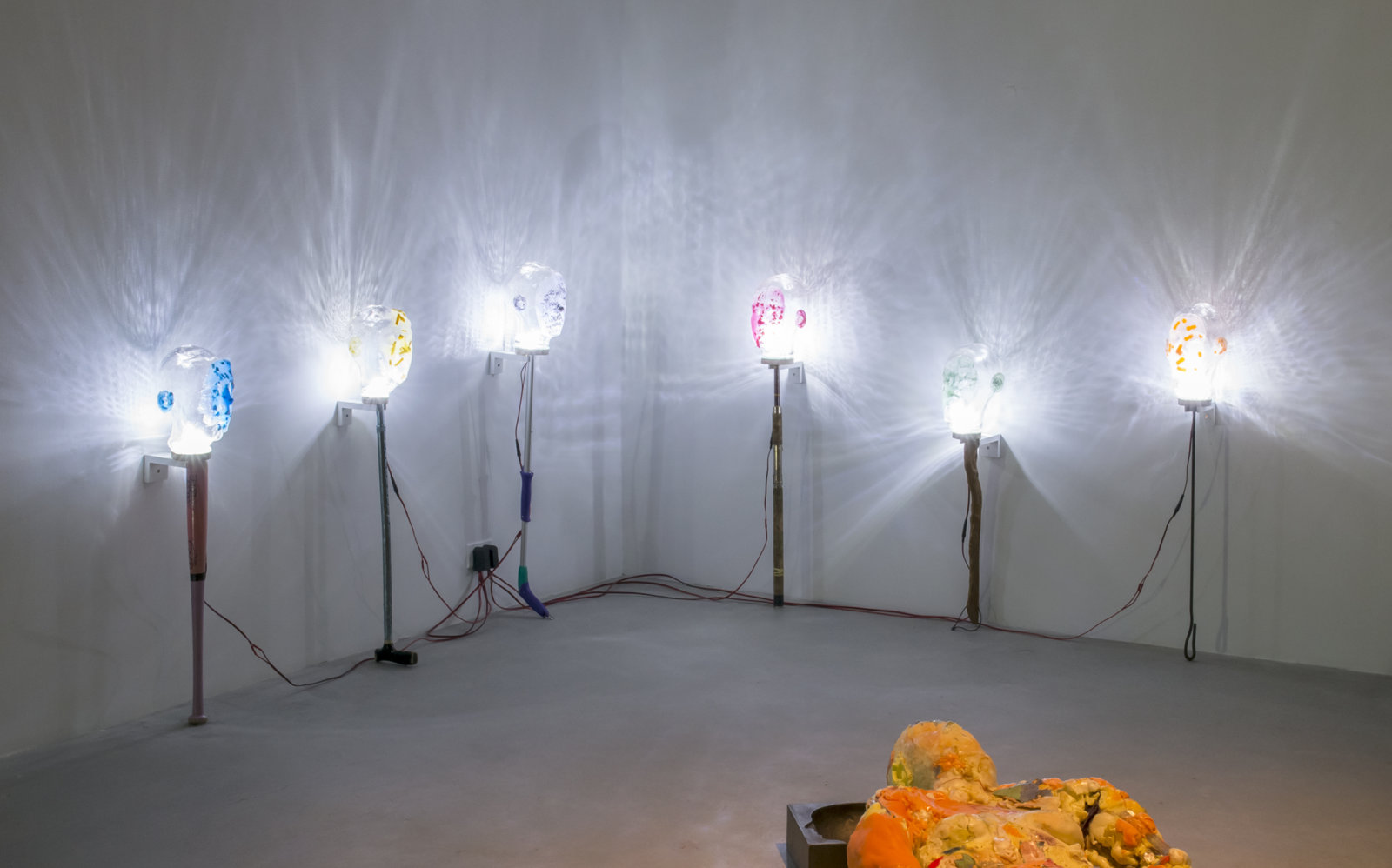 Kasper Feyrer, Witnesses, 2018, handblown glass, dyed silicone, LED lights, mixed media, dimensions variable. Installation view, Background Actors, Catriona Jeffries, Vancouver, 2018