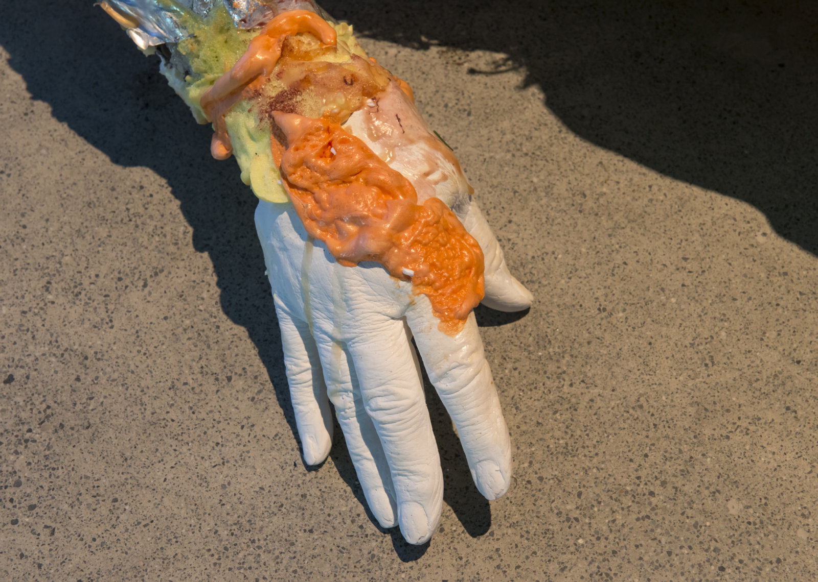 Kasper Feyrer, Corpse, Maiden (detail), 2018, insulation foam, whistle, glass marbles, mineral rocks, broken rulers, coins, lenses, blackberry, mugwort, rope, hinges, gummy worms, plaster cast hands and feet, soil, aluminum armature, latex, pigment, paper, cast iron, miscellaneous materials, 71 x 28 x 13 in. (180 x 71 x 33 cm)